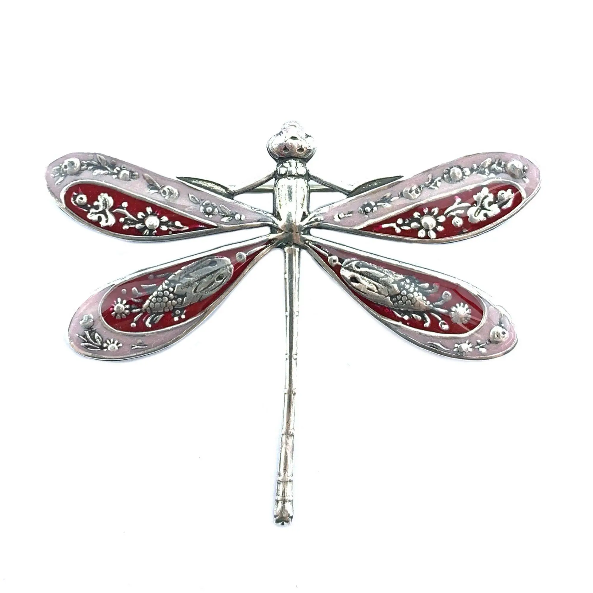 Engraved Dragonfly Brooch - Old Pink/Red (enamel effect)