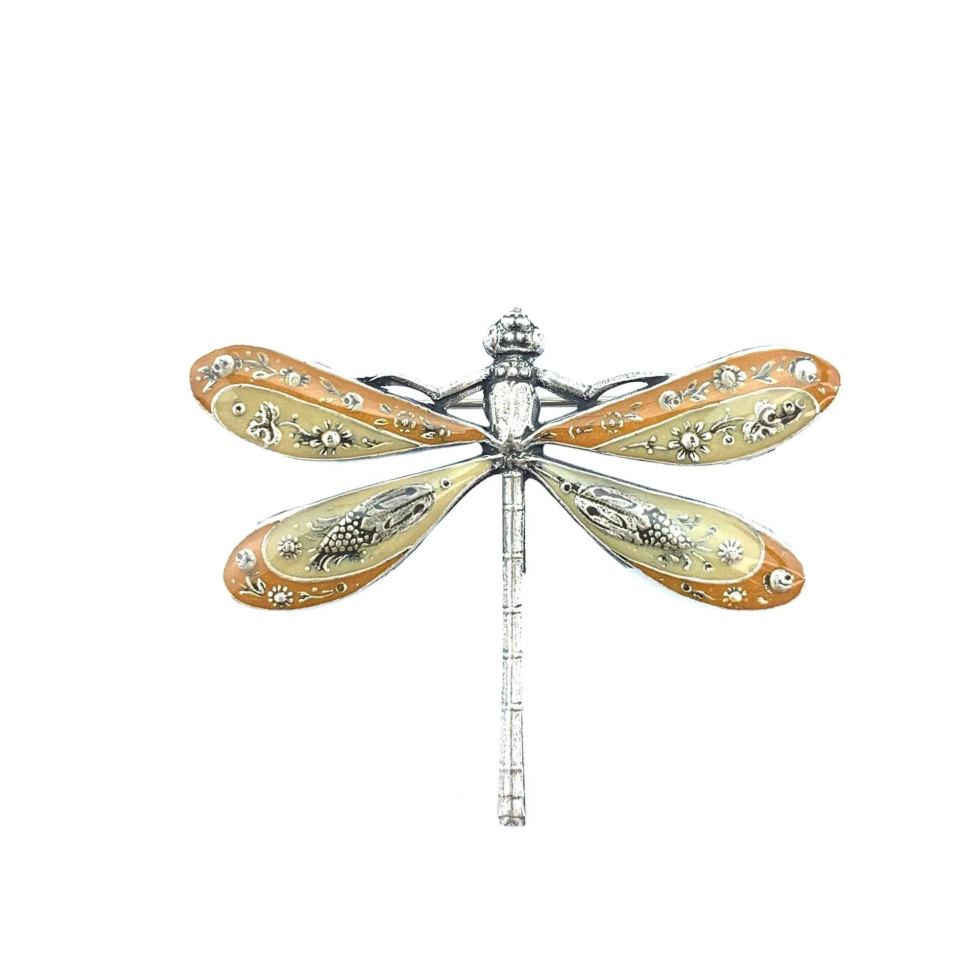 Engraved Dragonfly Brooch - Beige/Terracotta (enamel effect)