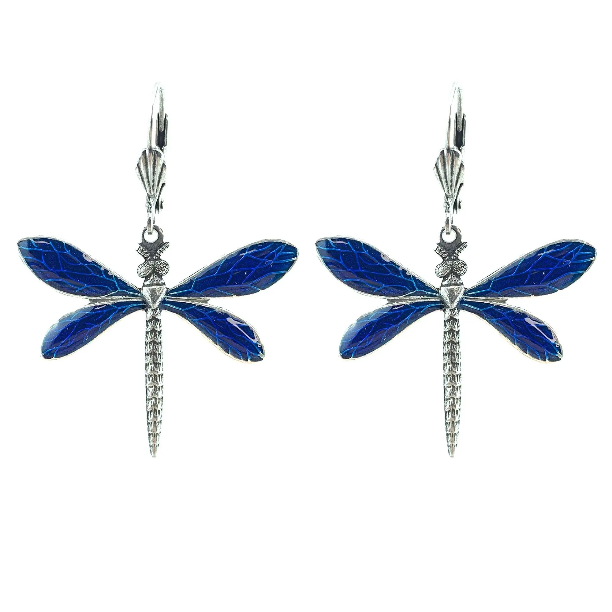 Dragonfly Earrings - Midnight Blue, Silver Metal (Stained Glass Effect)