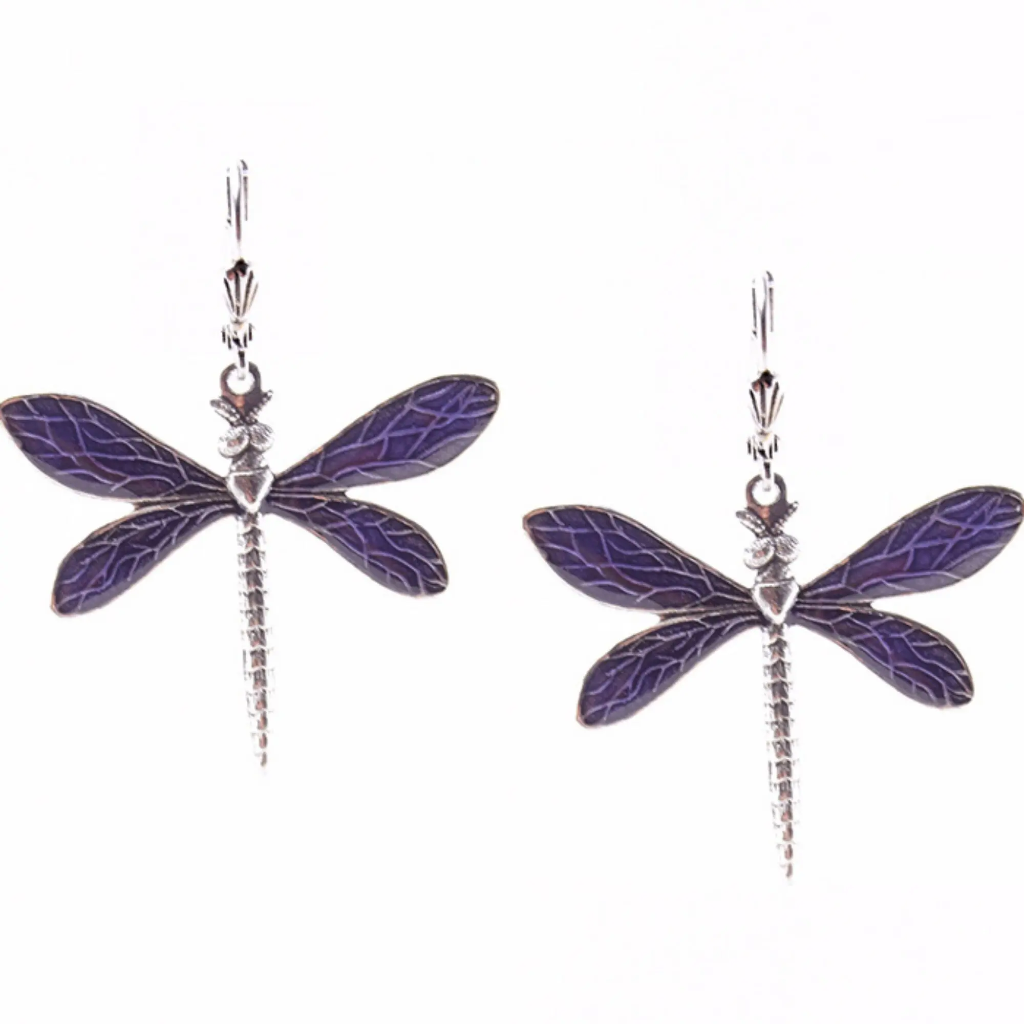 Dragonfly Earrings - Purple, silver metal (stained glass effect)