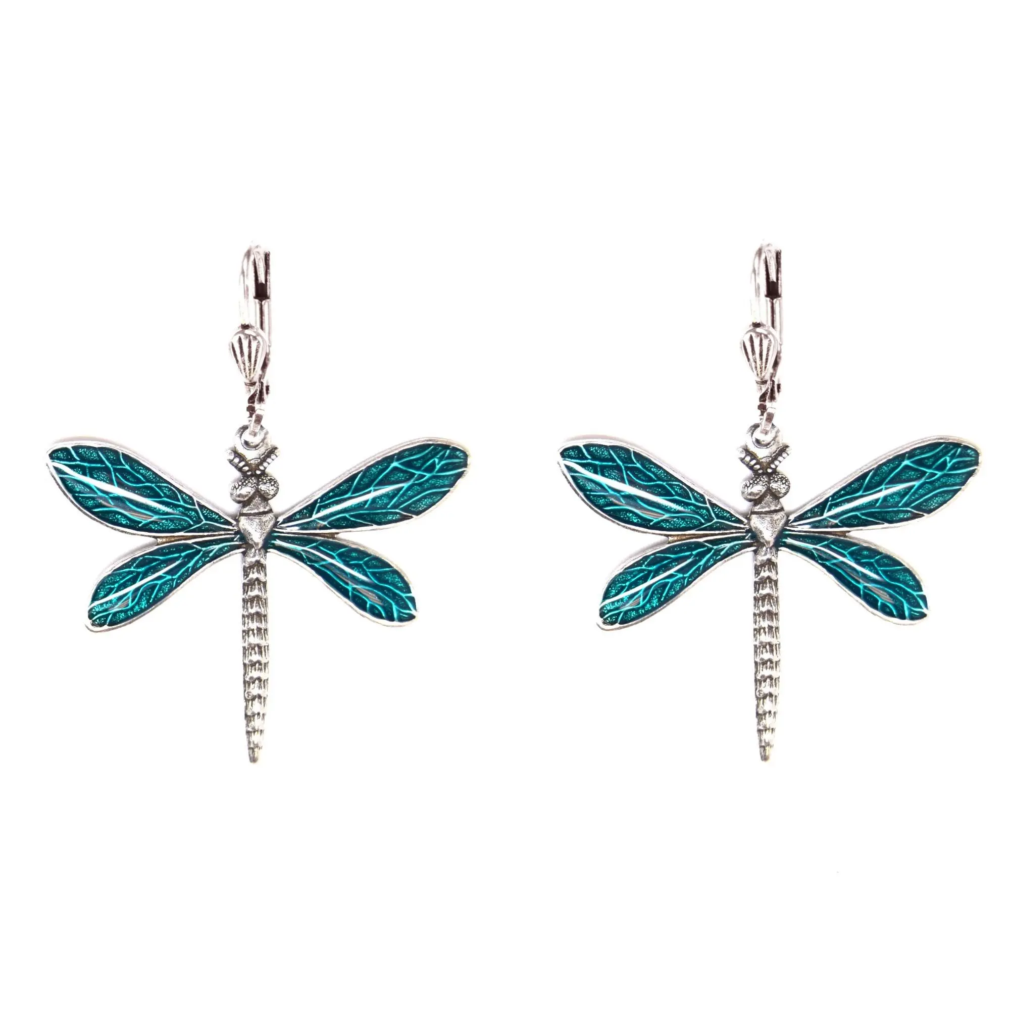Dragonfly Earrings - Turquoise, silver metal (stained glass effect)