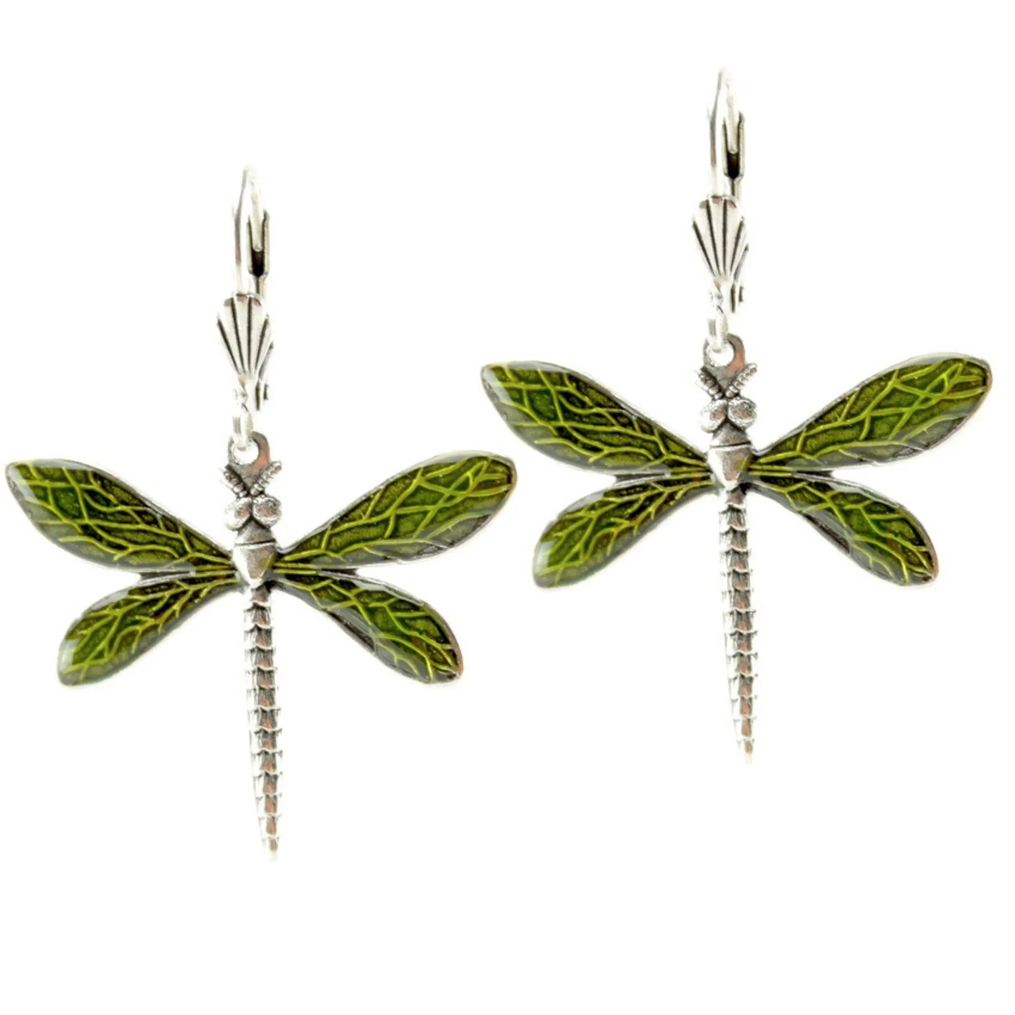 Dragonfly Earrings - Lime Green, Silver Metal (Stained Glass Effect)