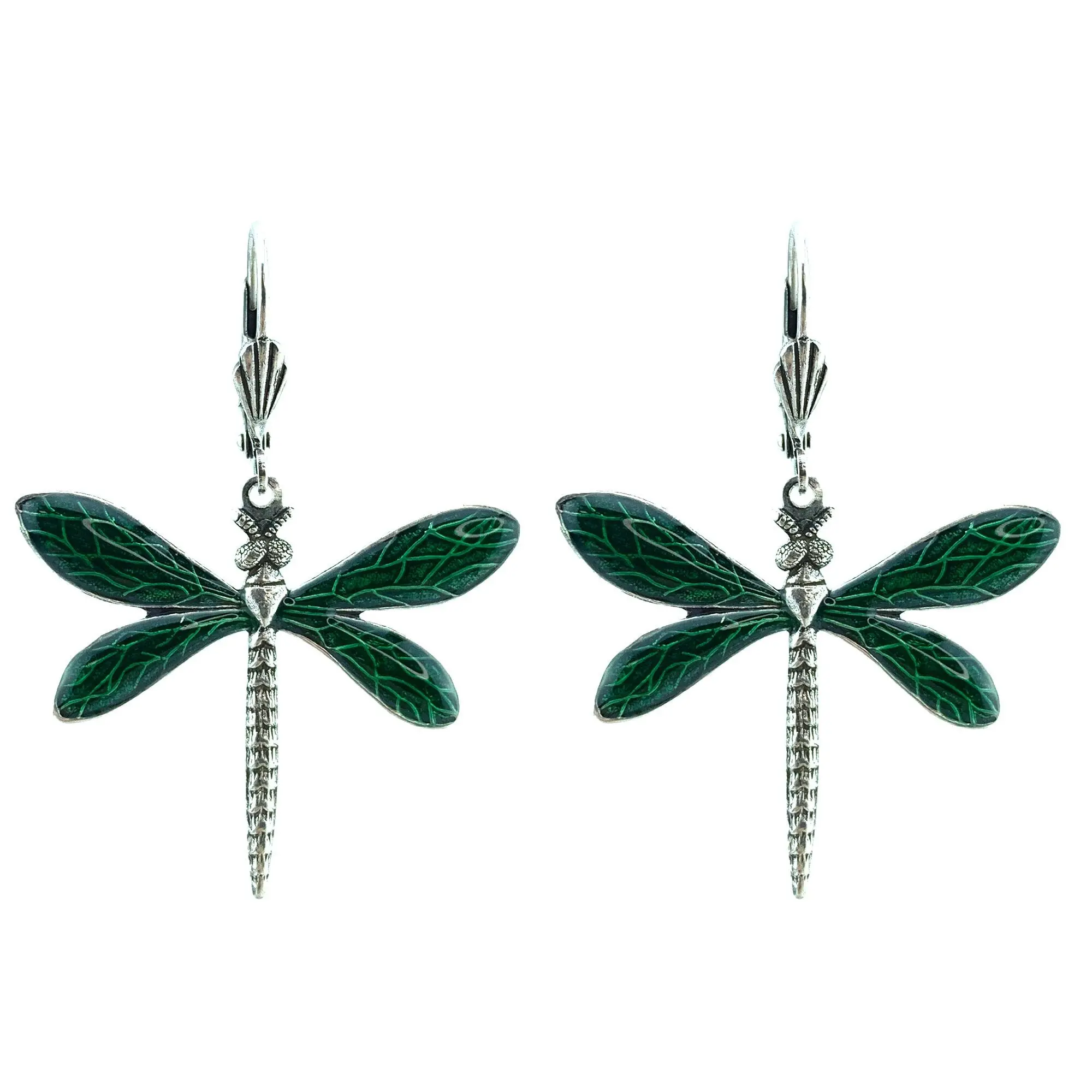 Dragonfly Earrings - Dark Green, Silver Metal (Stained Glass Effect)