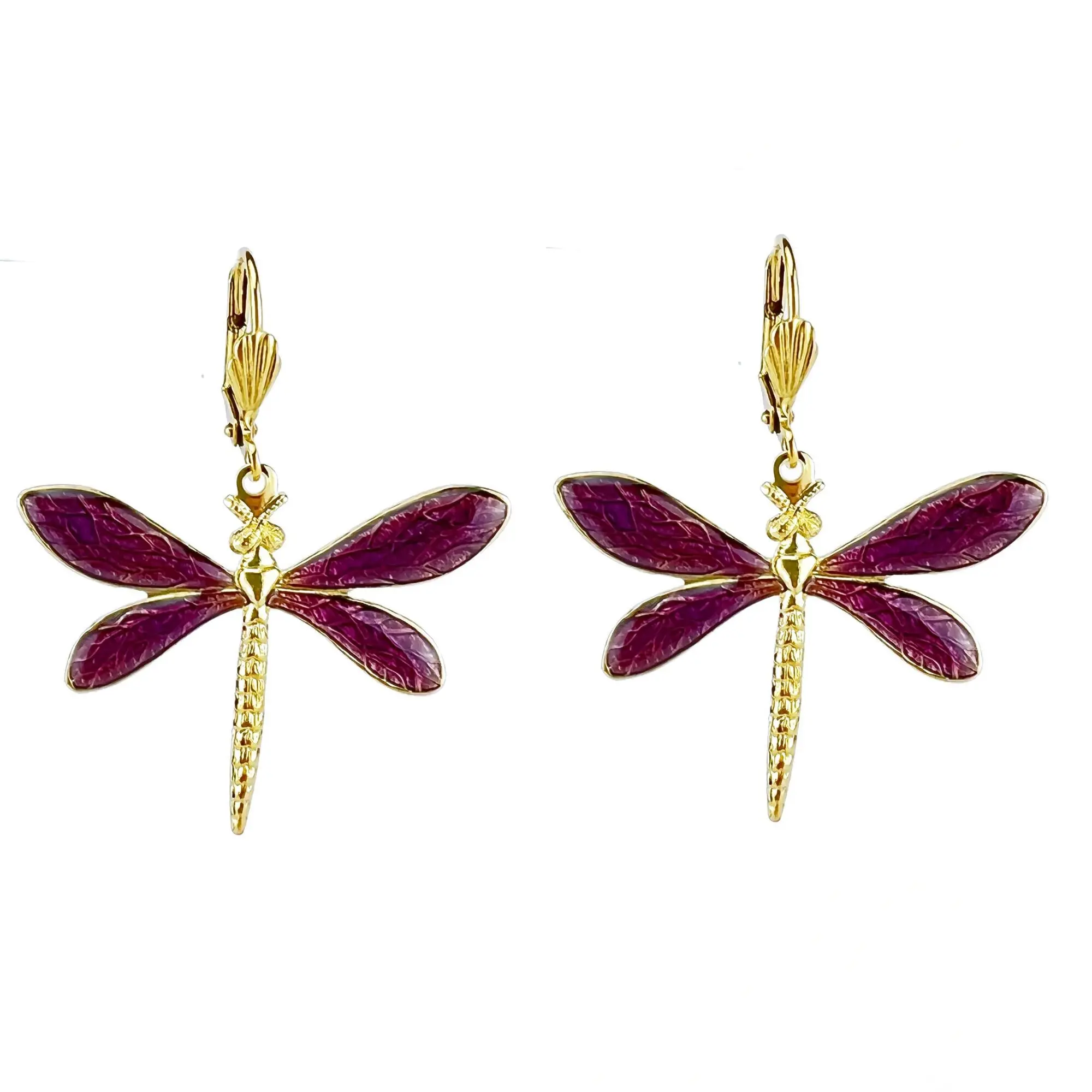Dragonfly Earrings - Plum, gold-plated metal (stained glass effect)