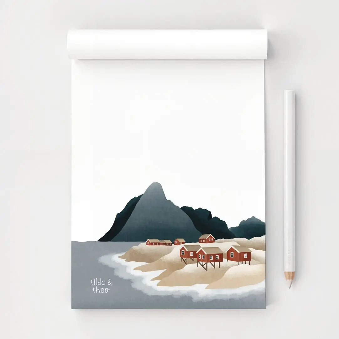 Bloc-notes Norvège Lofoten Fjord A6 50 feuilles - Bloc voyage maisons rouges Scandinavie