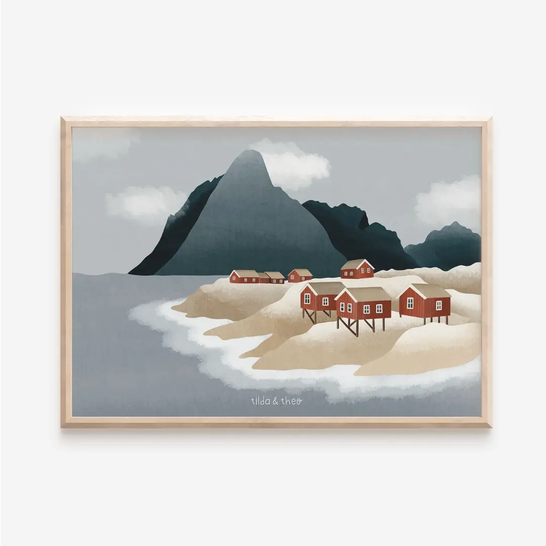 Affiche Norvège Fjords Lofoten Maisons rouges - Impression d'art de voyage Scandinavie - Île de maisons norvégiennes