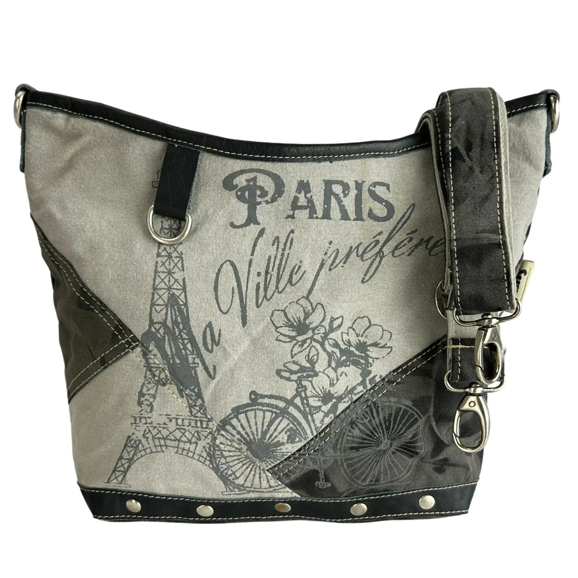 Sunsa Umhängetasche. Graue Canvas Schultertasche Paris Motiv