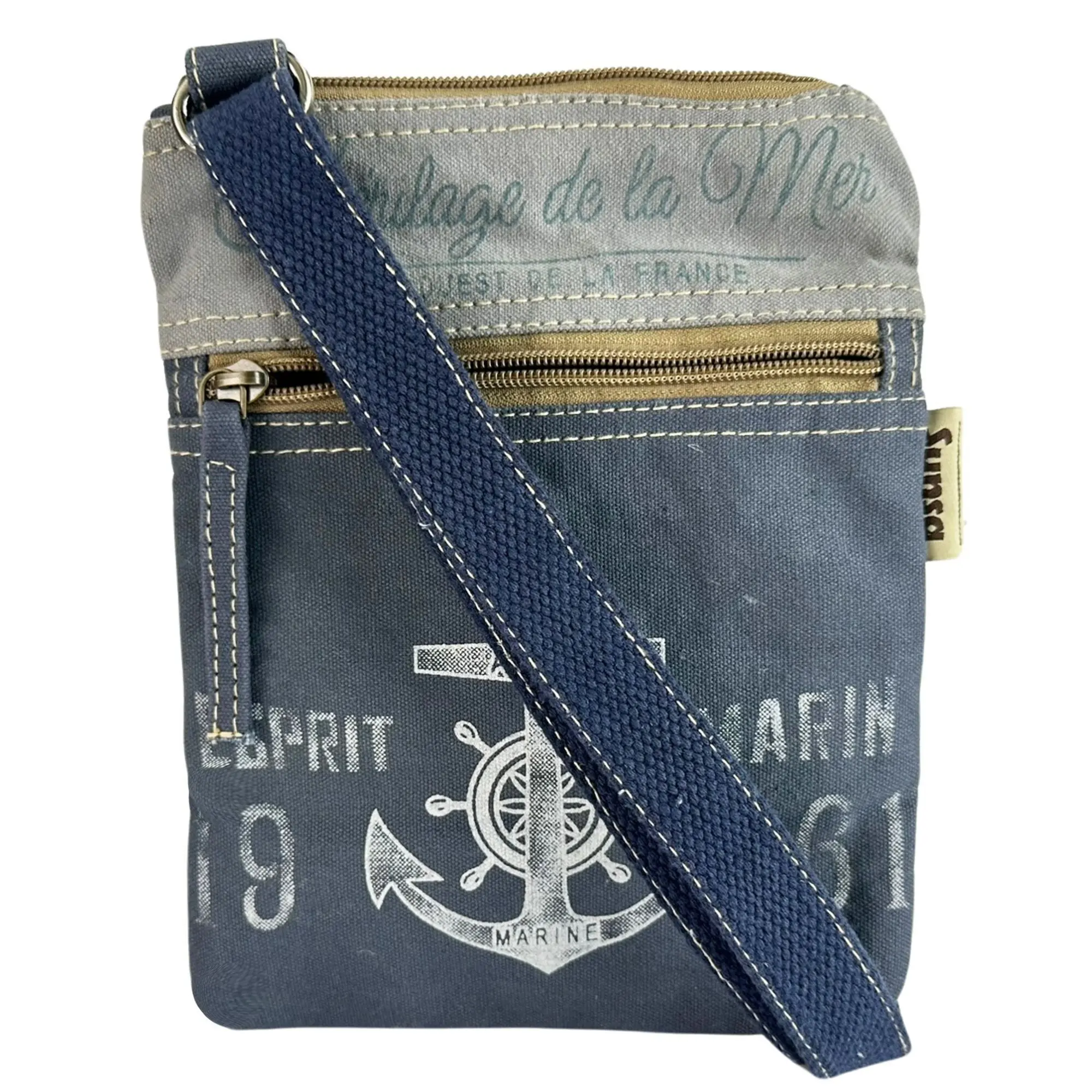 Sunsa Vegane Umhängetasche. Maritim blaue Damen Tasche. Mini Schultertasche aus Canvas. Vintage Retro Handtasche für Meerliebhaber. Leinwand Crossbody Bag