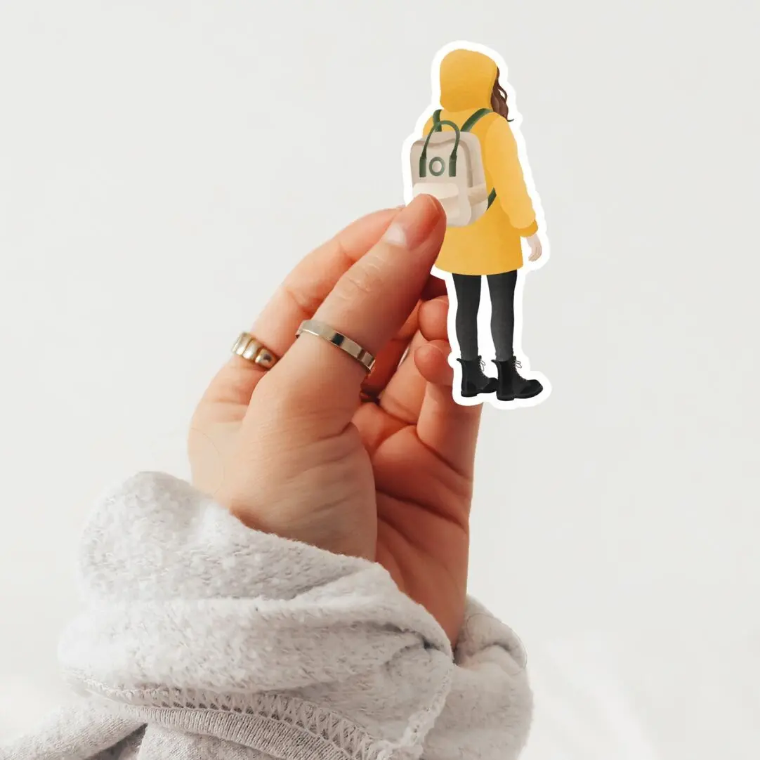 Autocollant en vinyle Femme en imperméable Norvège Autocollant de voyage - Imperméable Jaune Autocollant découpé au baiser -