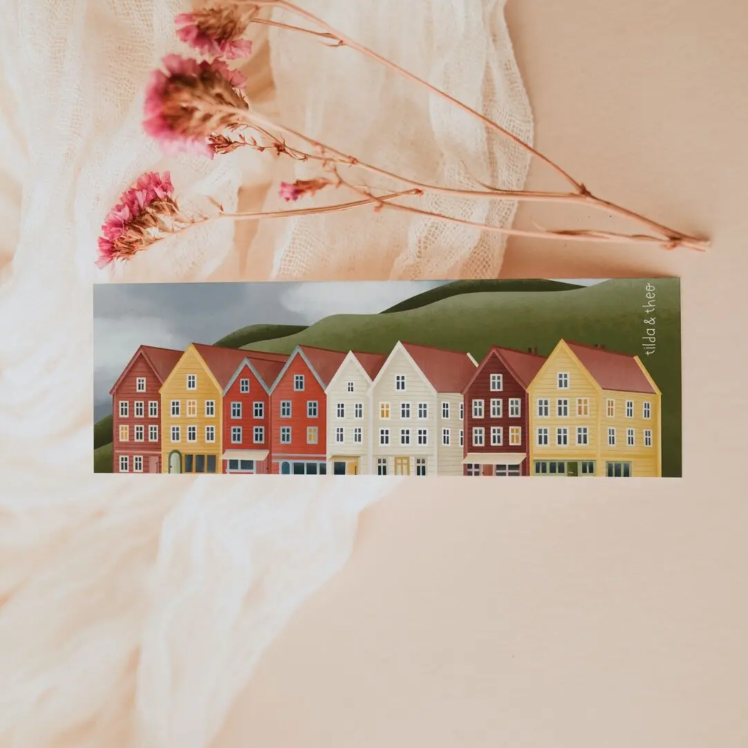 Marque-page Norvège Maisons à Bergen - Cadeau pour rat de bibliothèque - Voyage Maison Front Scandinavie