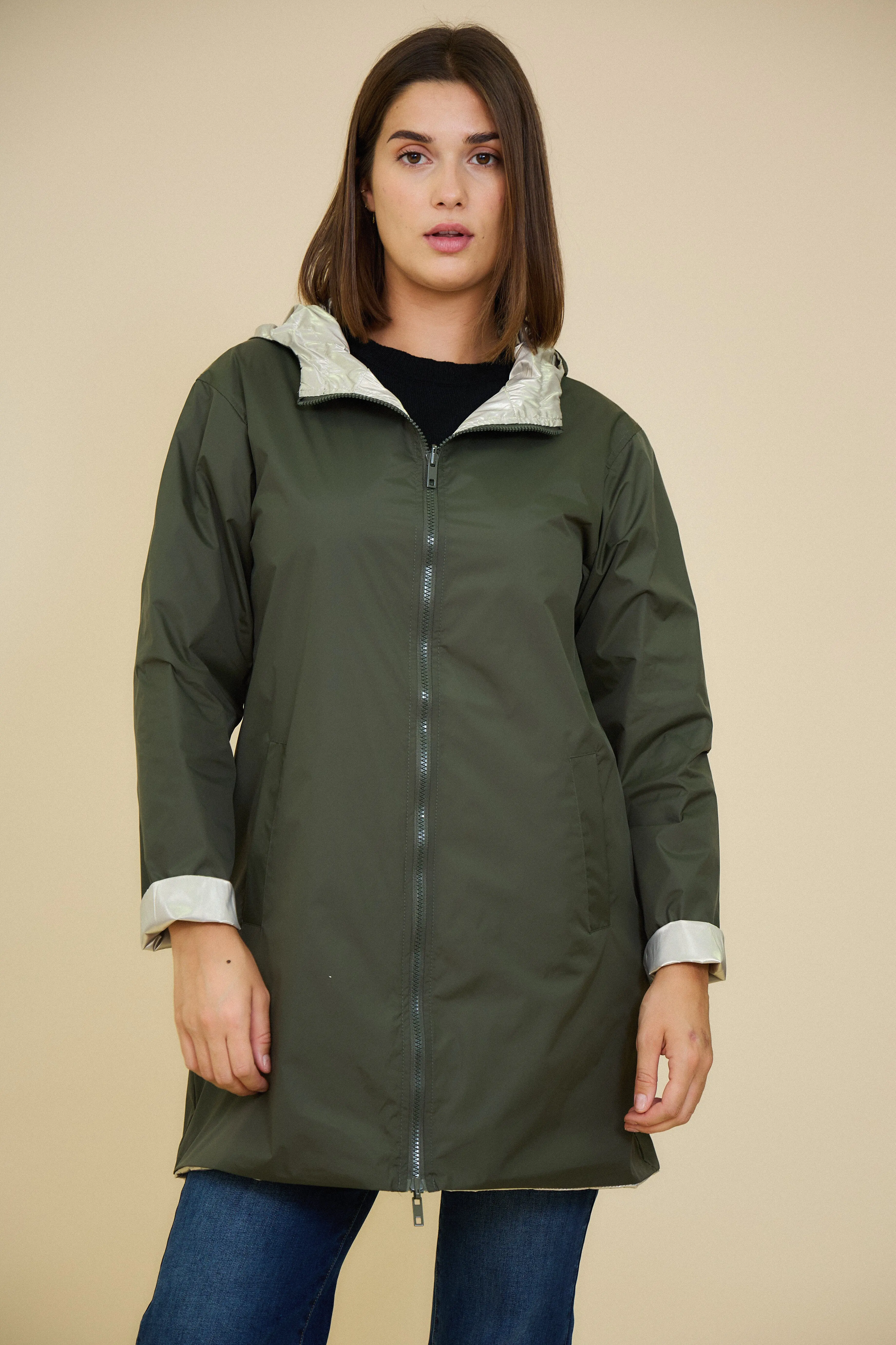 4117- Reversible Mid-Length Waterproof Parka, Long Windbreaker