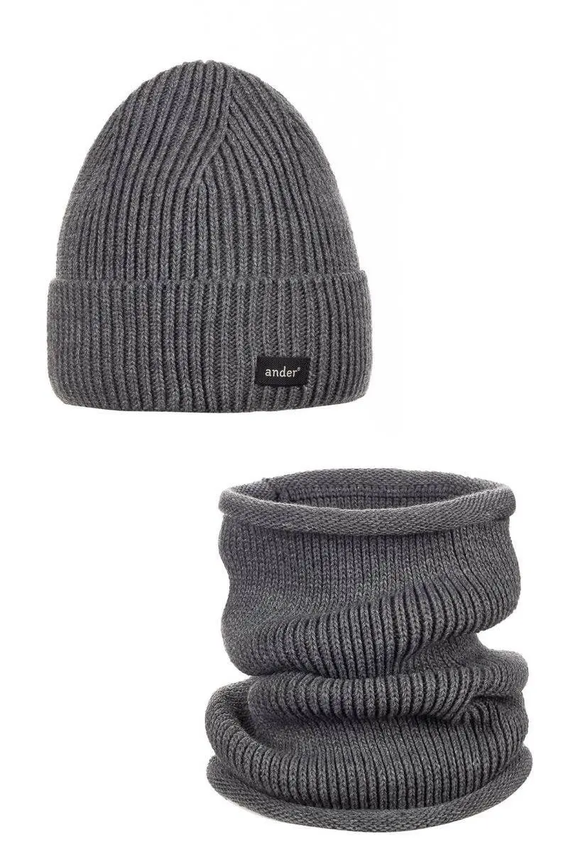 Cappello e scaldacollo "Amos" - set unisex in acrilico e lana grigio scuro