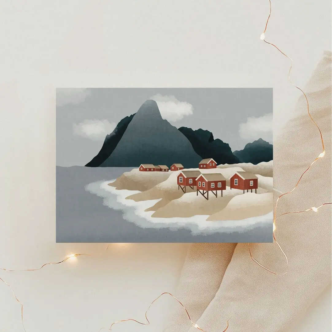 Carte postale Norvège - Maisons des Lofoten - Carte de voyage - Carte postale Fjord norvégien