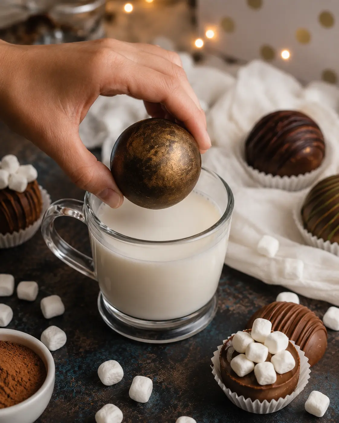 Hot chocolate bomb topped with marshmallows – 70% Dark Chocolate