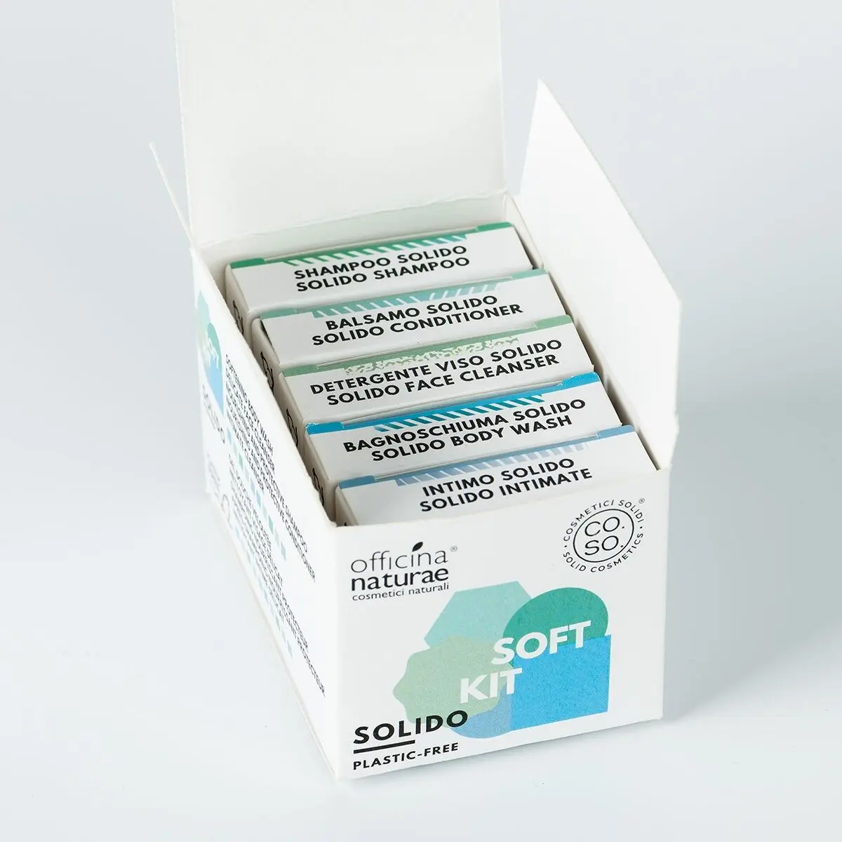 SOFT SOLID COSMETICS KIT with case: 5 Mini Sizes of velvety shower gel, nourishing shampoo and conditioner, delicate and intimate cleanser of 15 gr