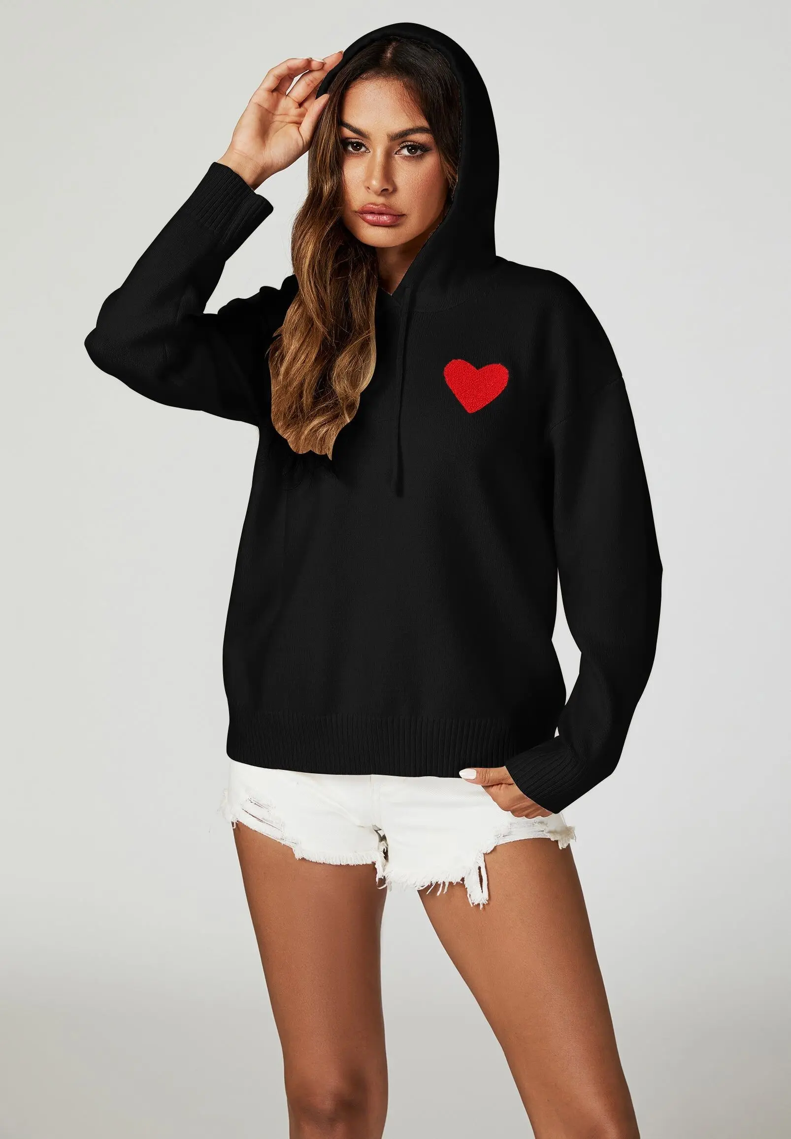 Heart Embroidery Knitted Hoodie