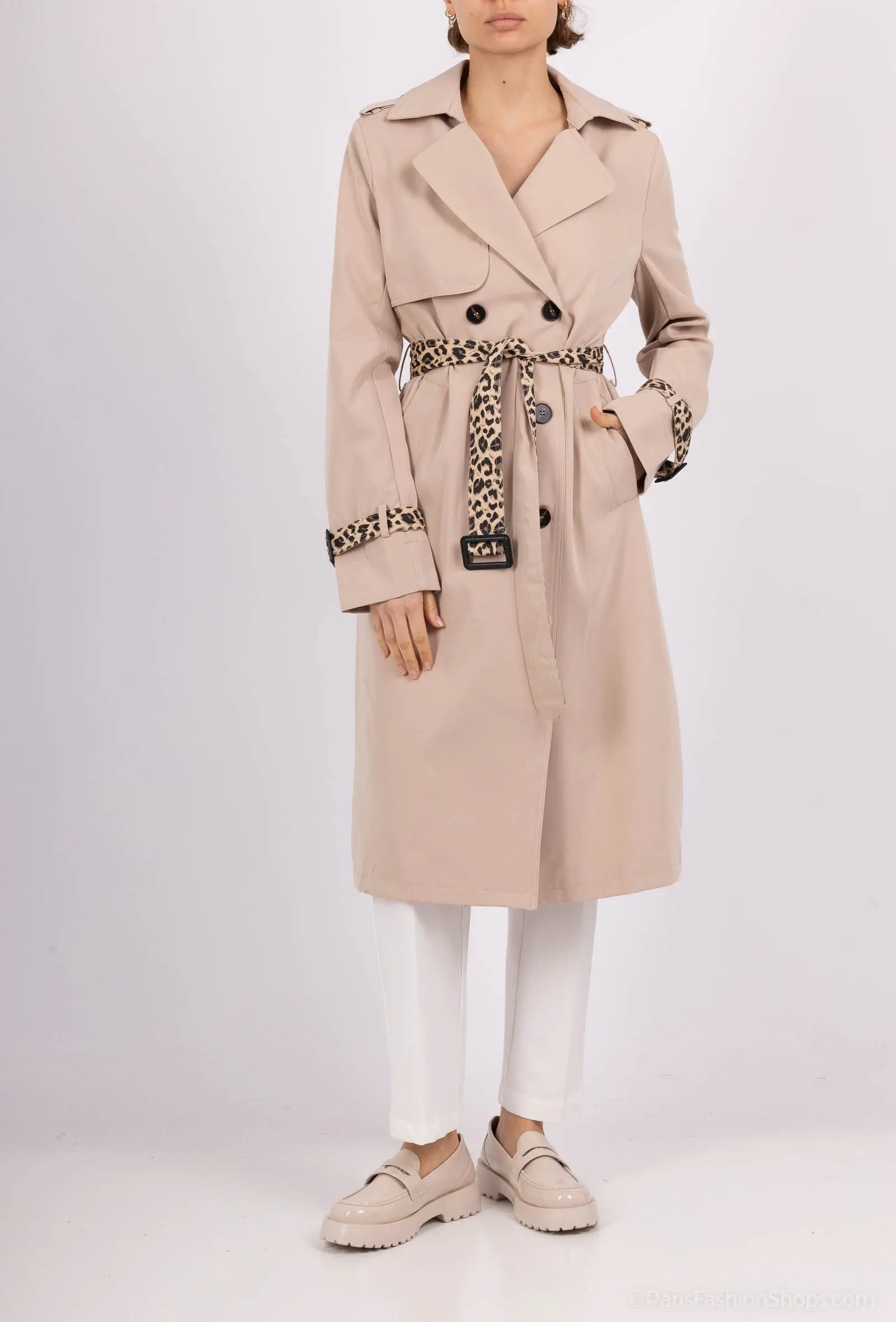 Trench femme léopard A894-1 –coupe élégante avec ceinture