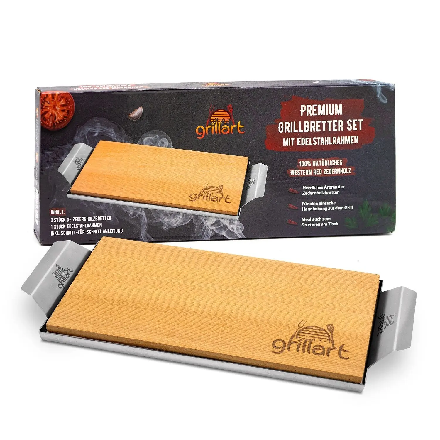 Zedernholzbretter zum Grillen – aus 100% natürlichem Western Red Zedernholz - 2er Set mit Edelstahlrahmen