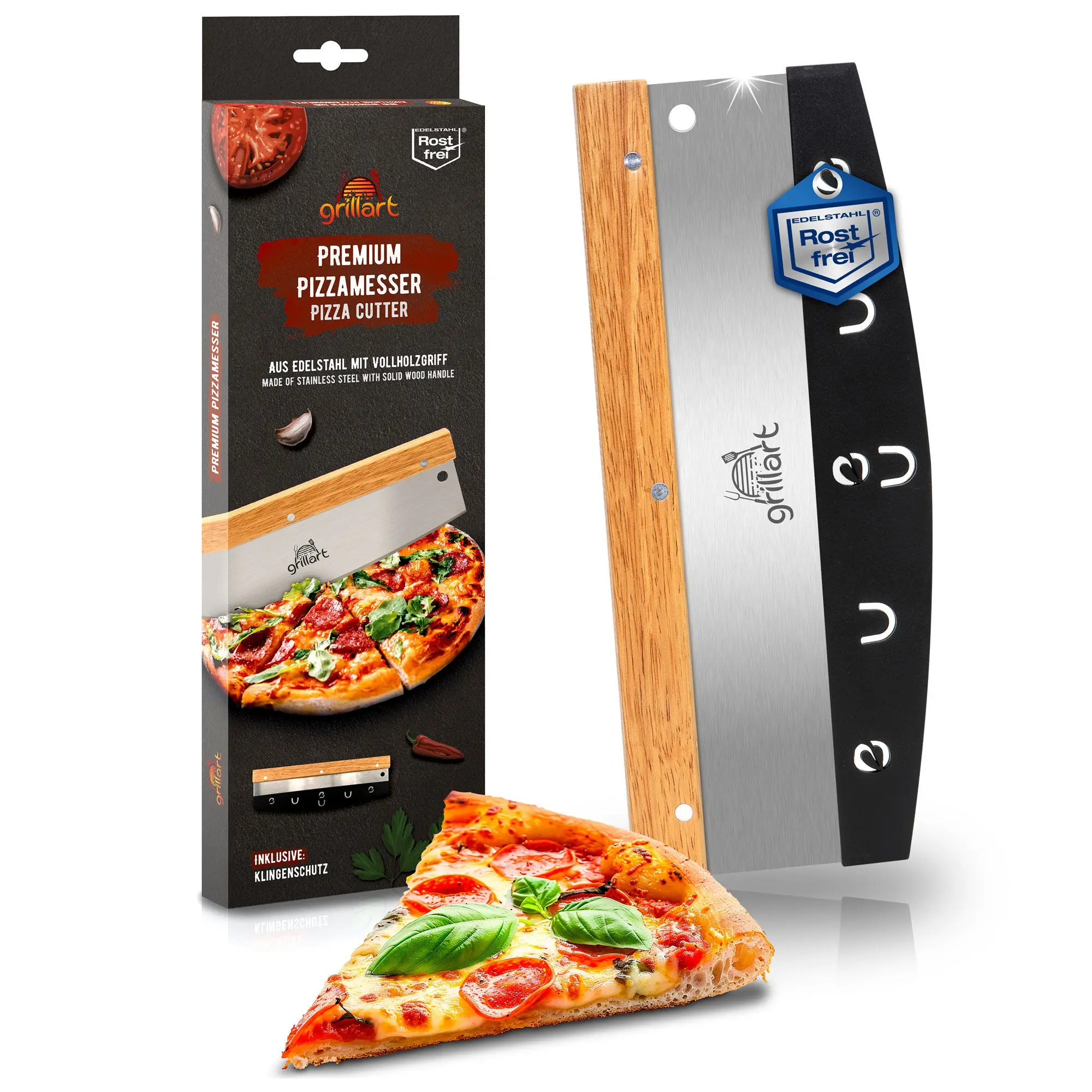 grillart® Premium Pizzamesser – Extra scharfer Edelstahl Pizzaschneider - mit Vollholzgriff