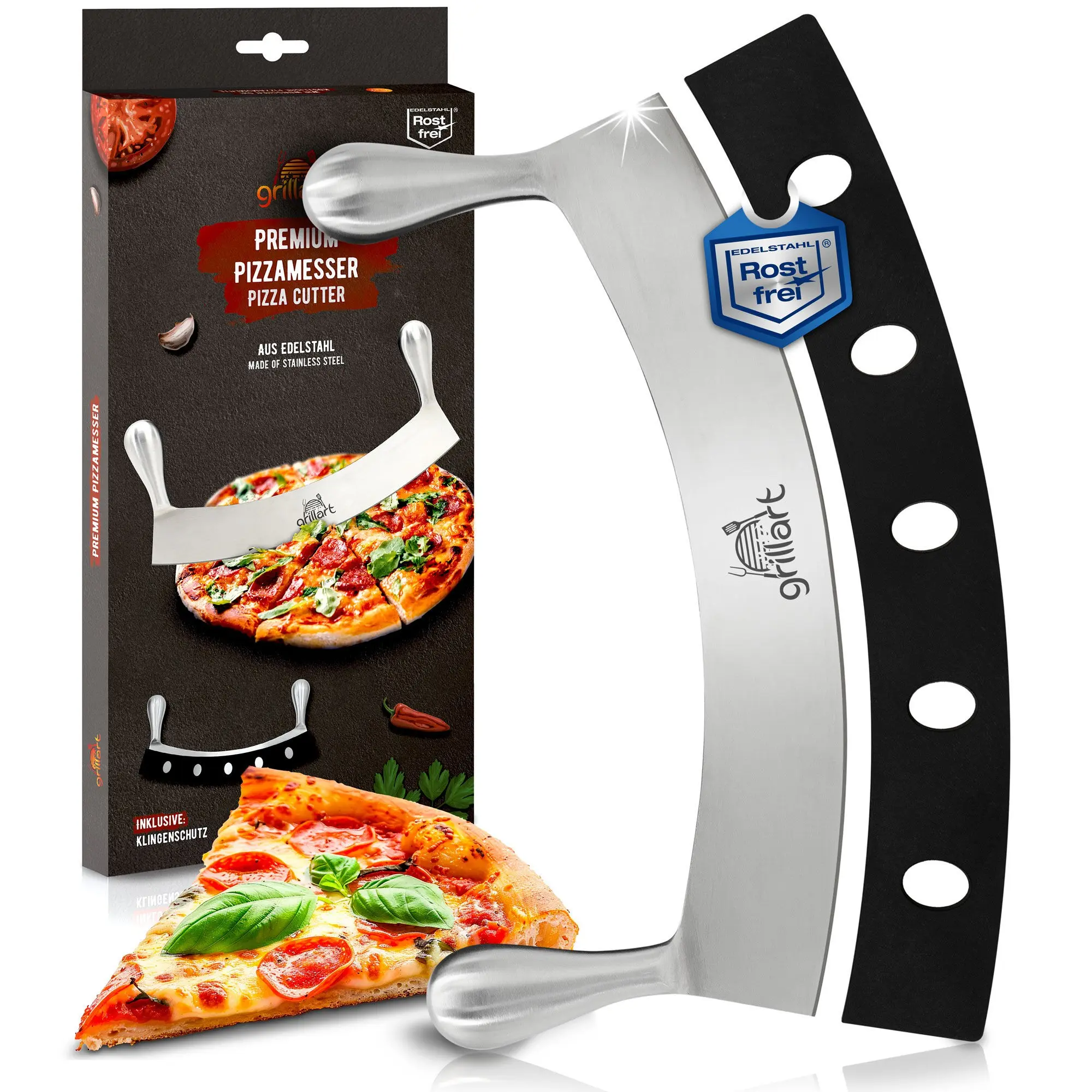 grillart® Premium Pizzamesser – Extra scharfer Edelstahl Pizzaschneider - mit Doppelgriff