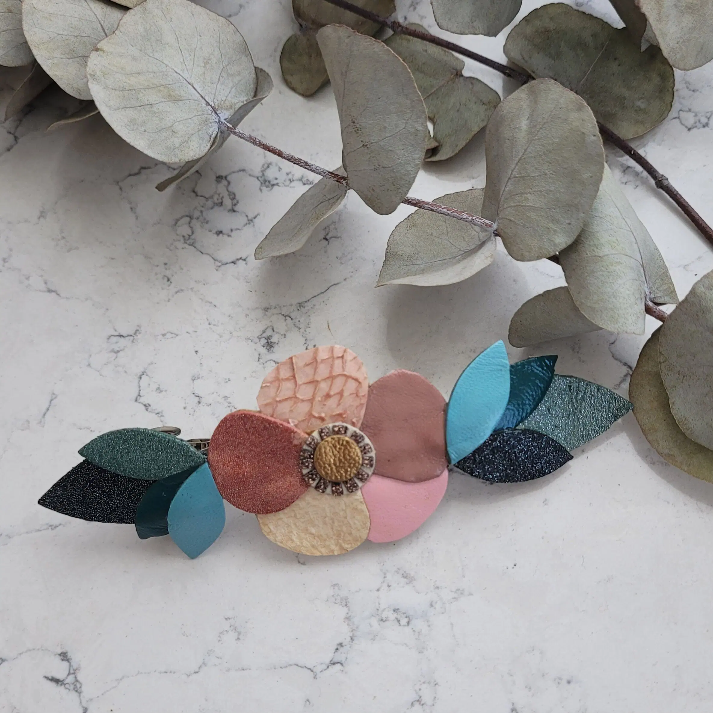 Maxi flower barrette in ecru pink, turquoise and green