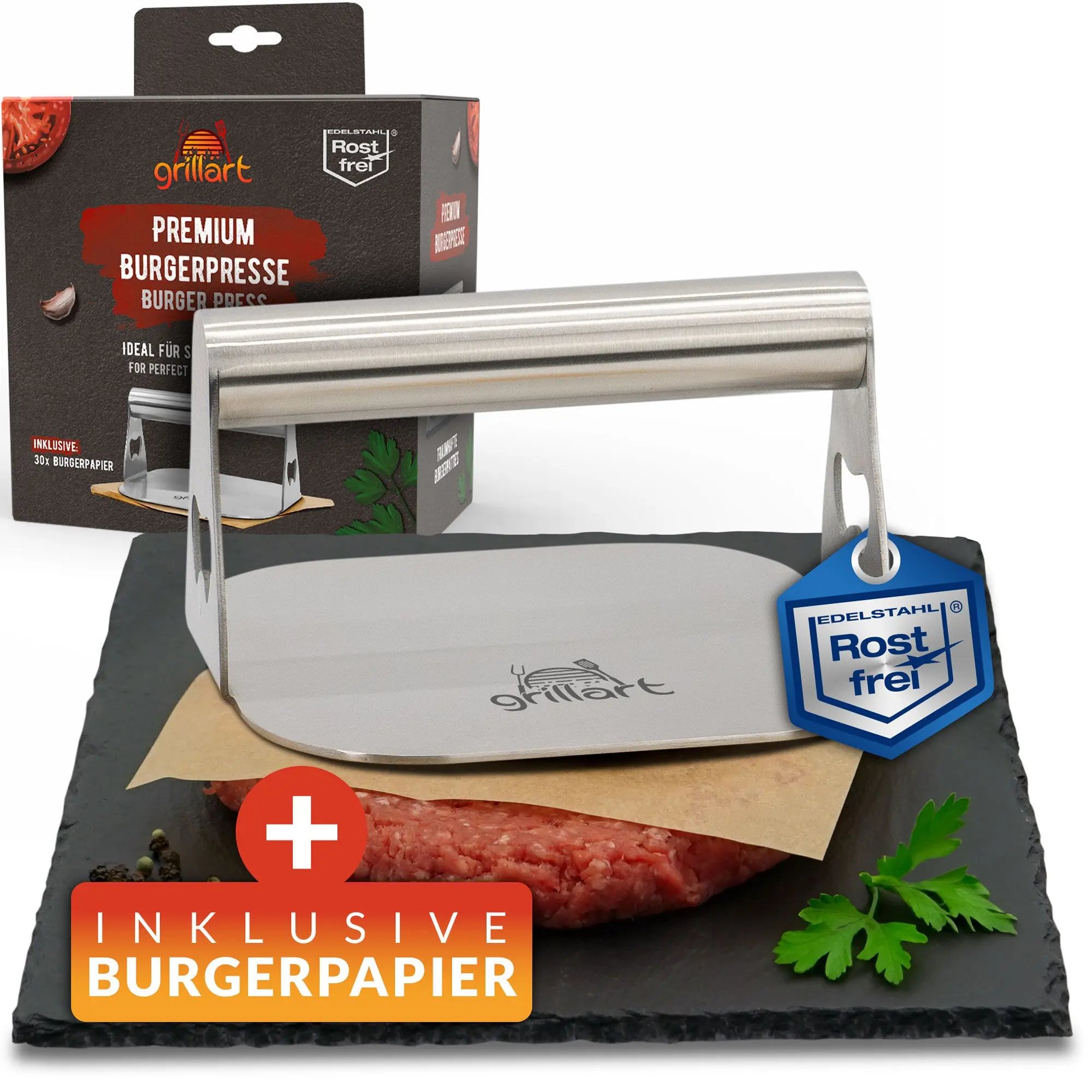 Premium Burgerpresse aus hochwertigem Edelstahl für Smashed Burger inkl. 30 Stk Burgerpapier