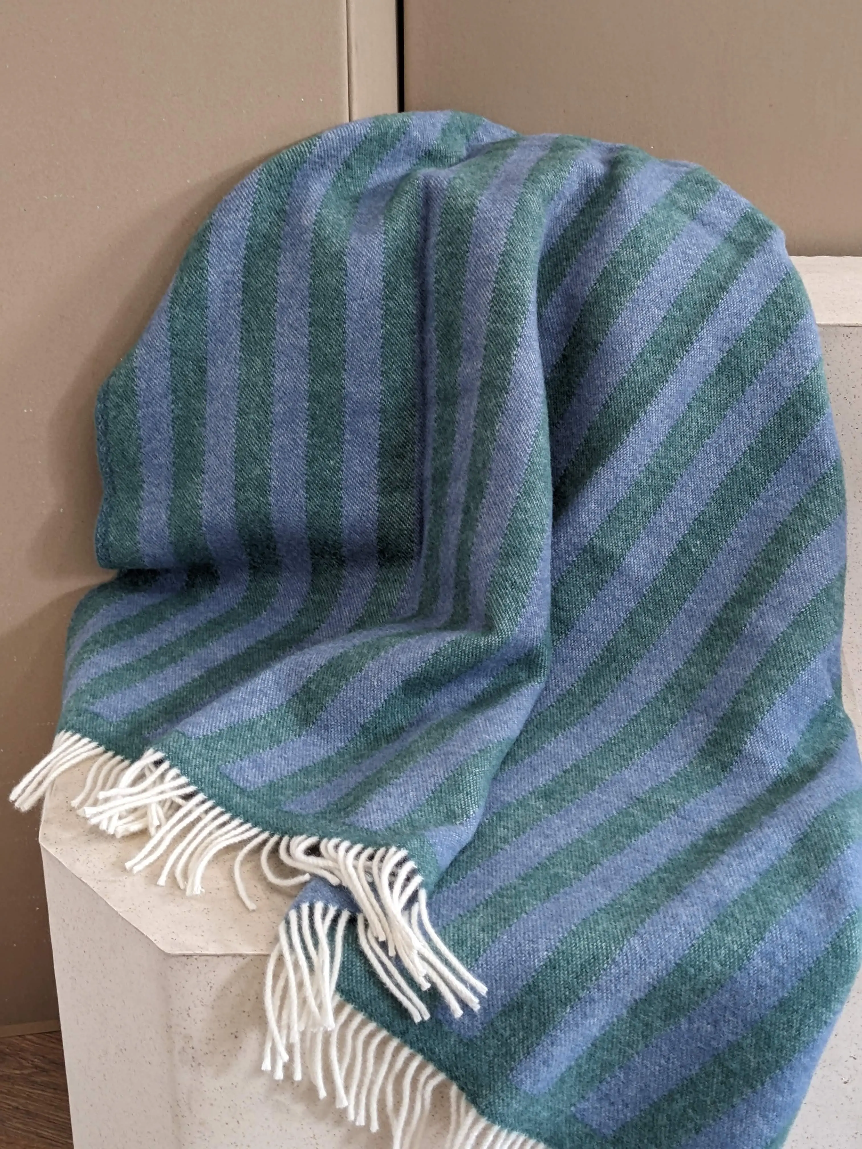 Wool blanket / cozy blanket STRIPES greenstone / denim