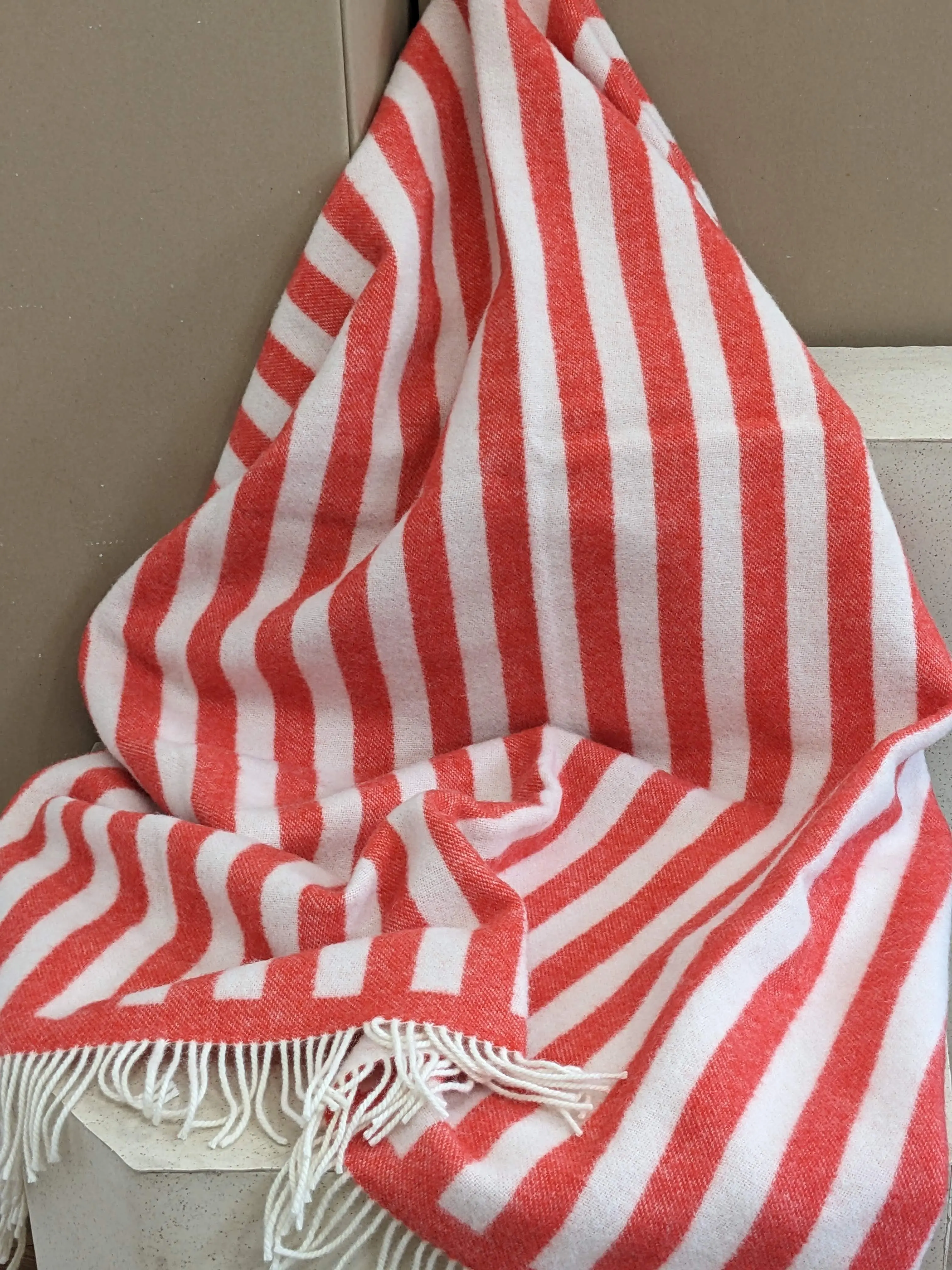 Wool blanket / cozy blanket STRIPES tomato red / off white