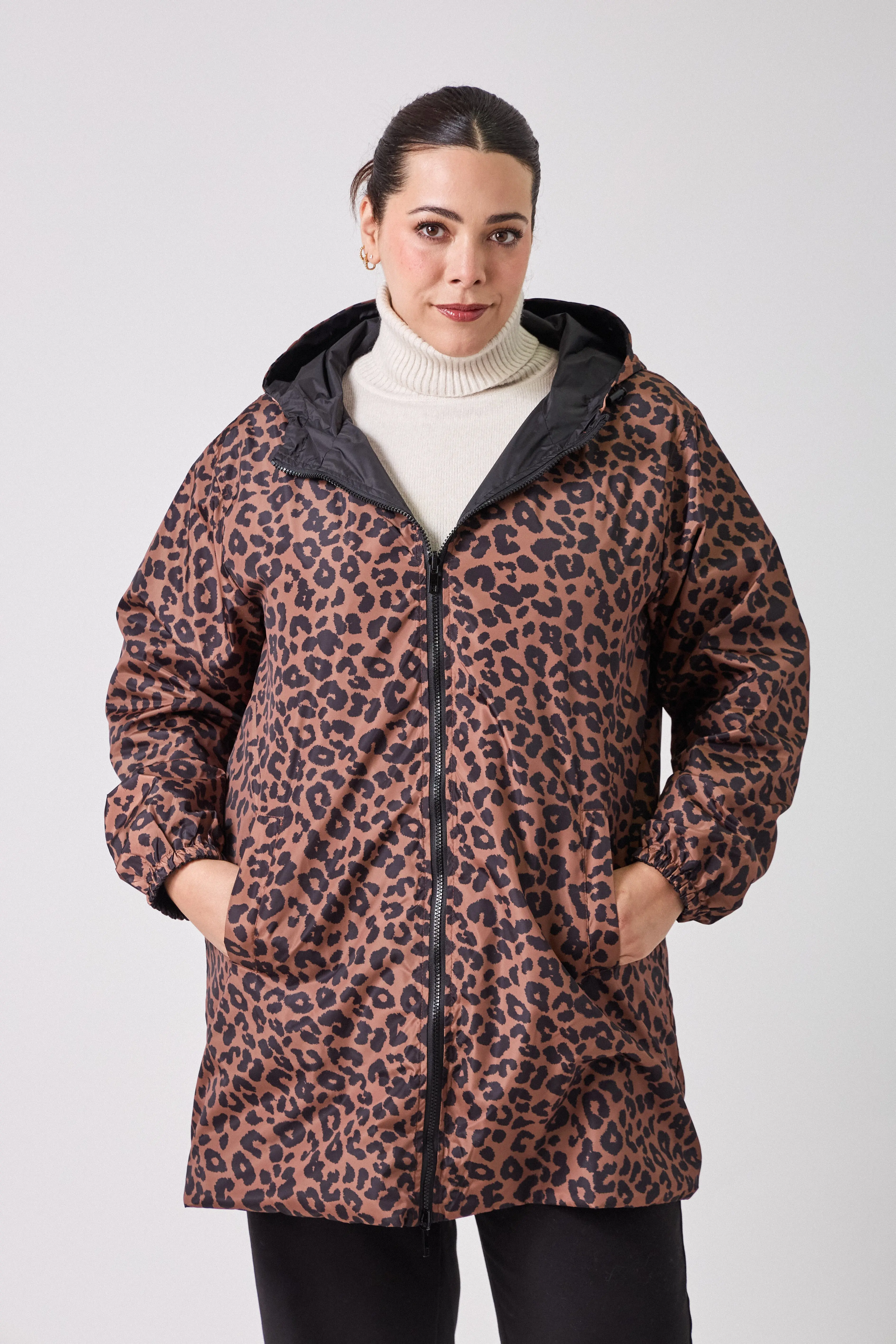 3113L - Plus Size Reversible Leopard Print Mid-Length Parka