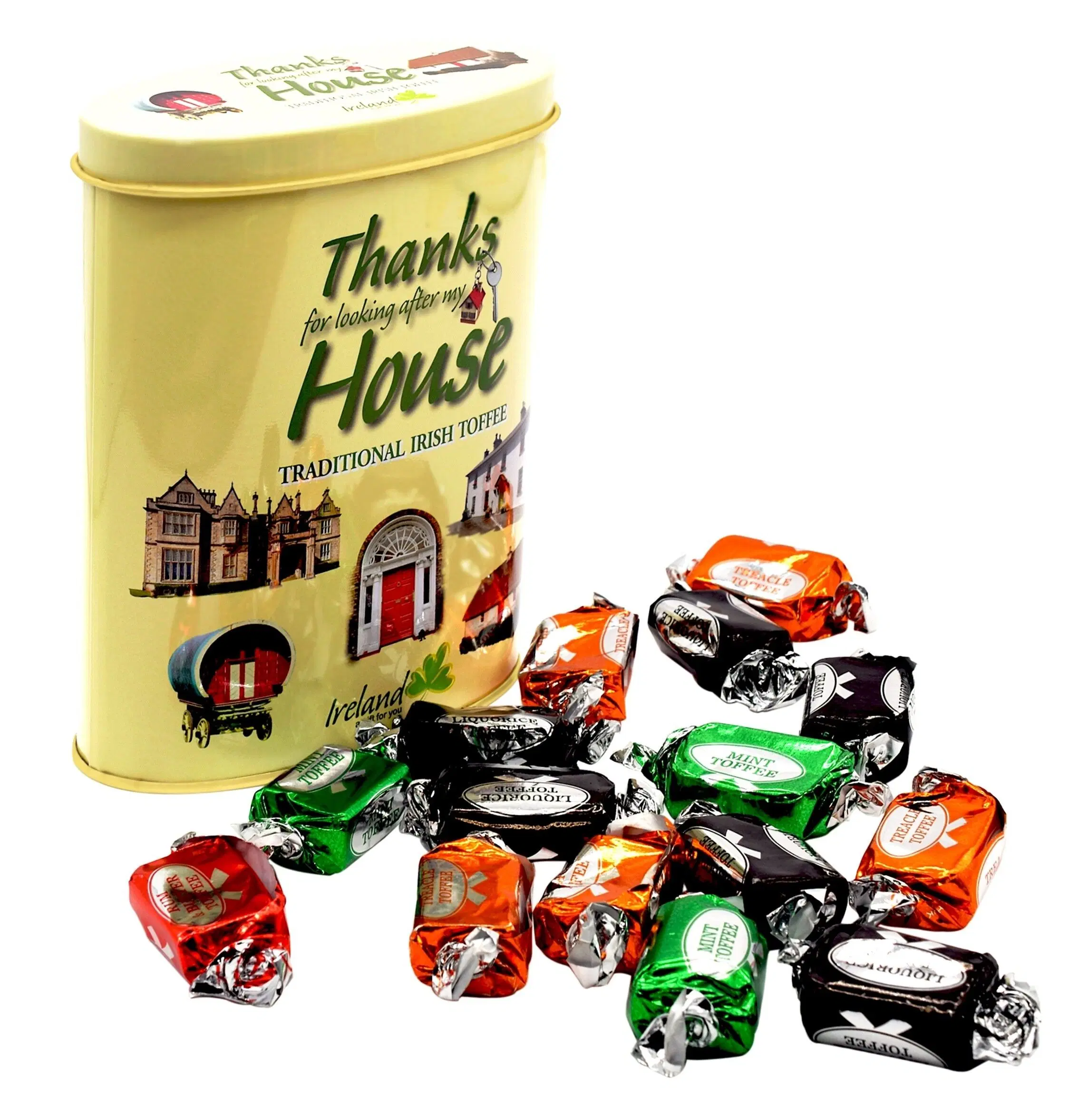 Tin of "thanks for minding my house" toffees