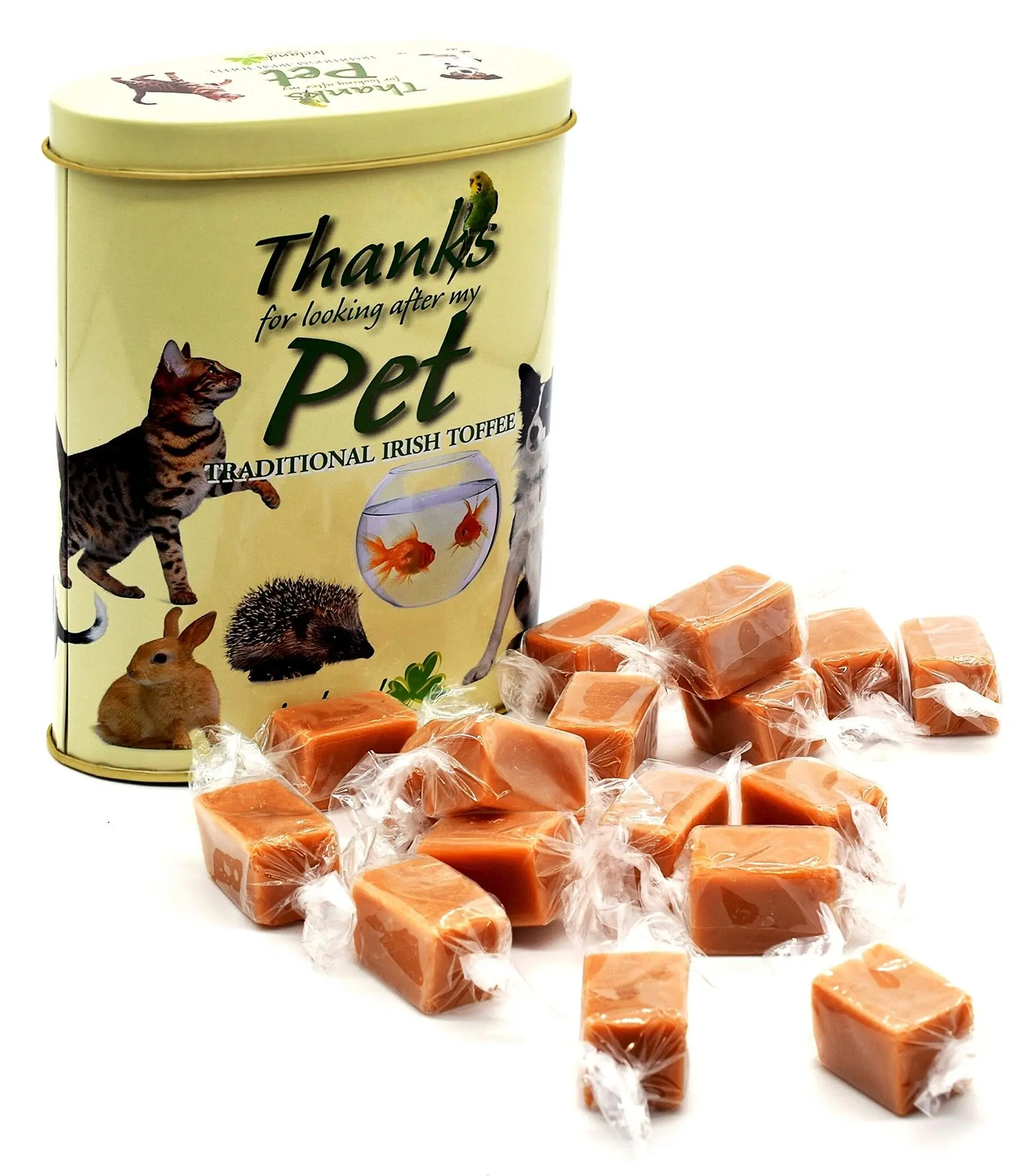 Tin of "thanks for minding my pet" toffees