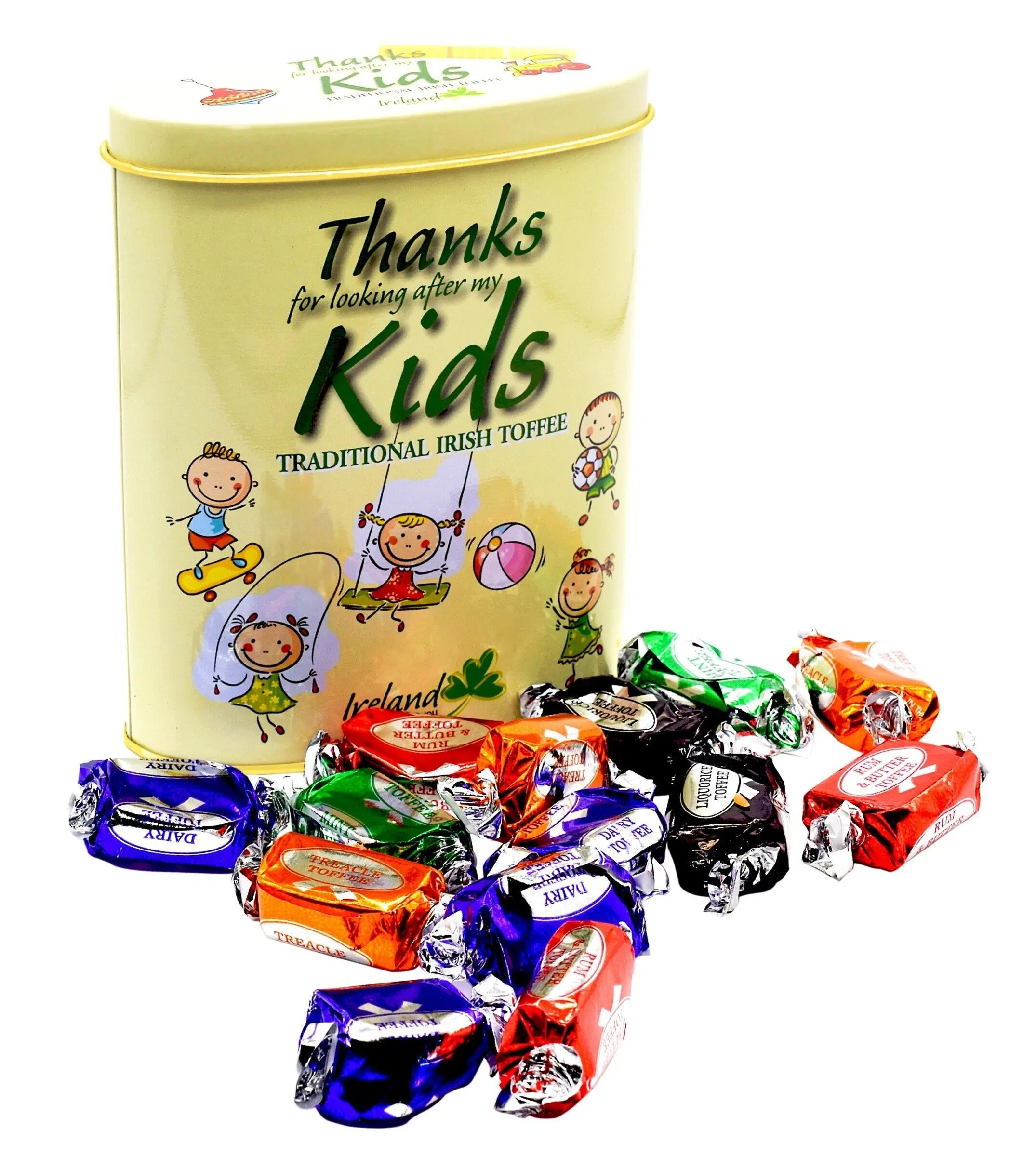 Tin of "thanks for minding my kids" toffees