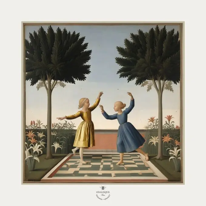 Young girls in the garden - illustration 18x18 cm