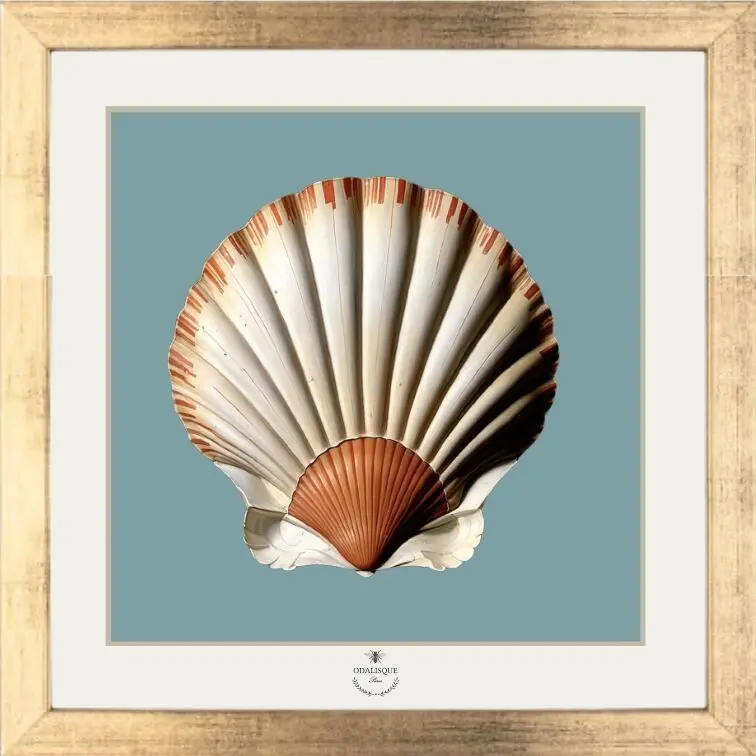 The scallop shell blue background - Pack gold frame 20x20 cm + illustration