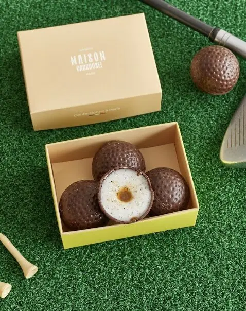 Geschenkbox mit 3 Golfbällen aus Schokolade, Marshmallows und Haselnusspraline