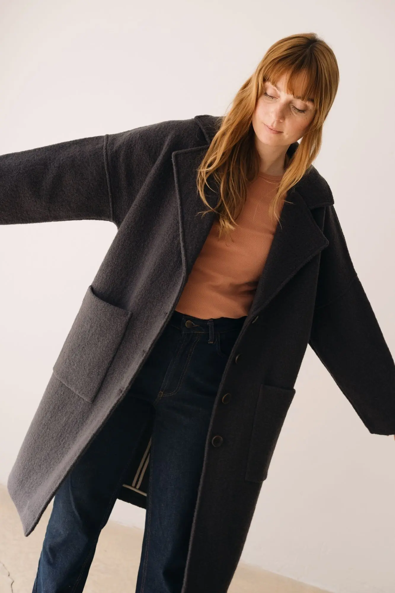 100% RWS Merino Wool Long Coat In Black