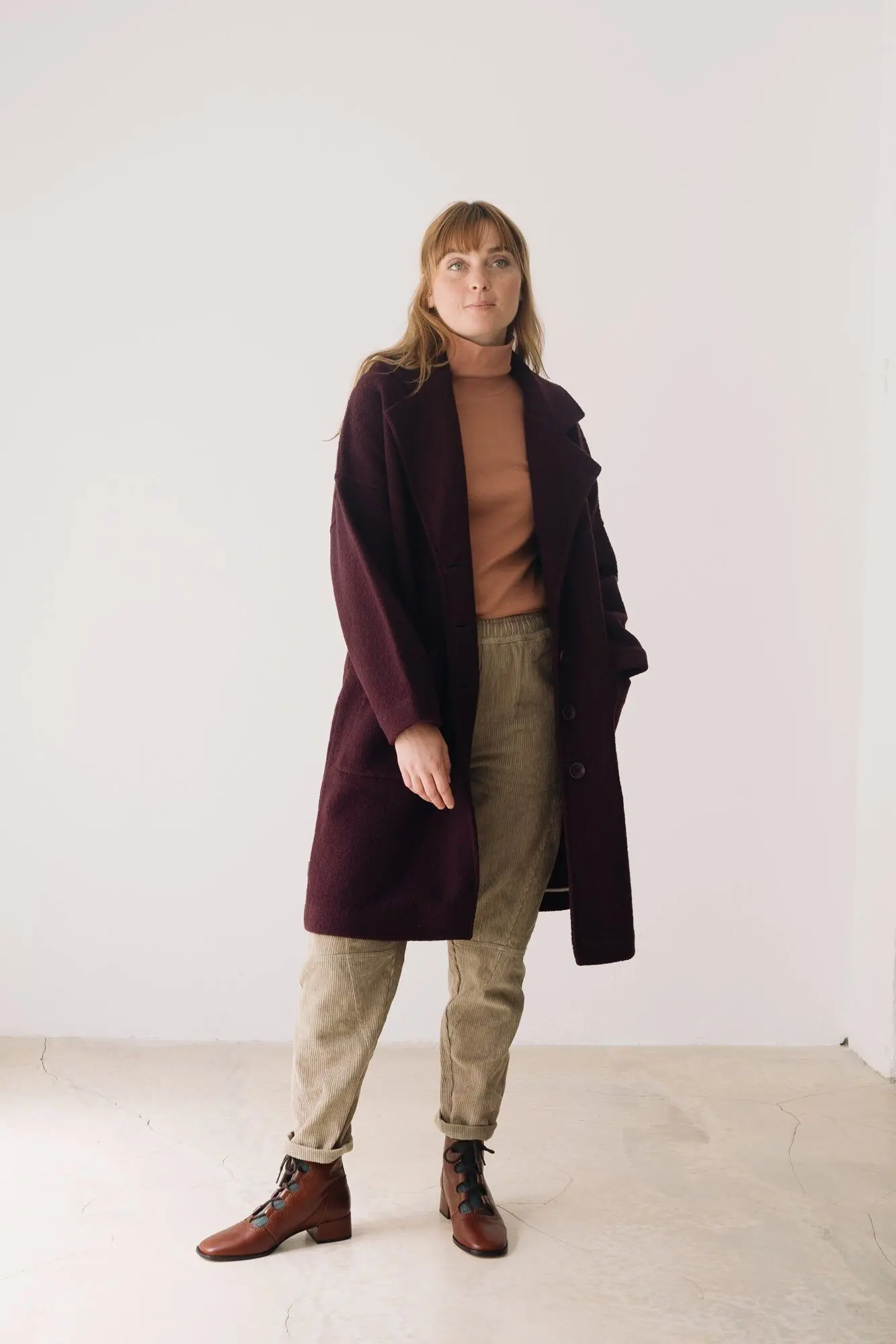 100% RWS Merino Wool Long Coat In Purple