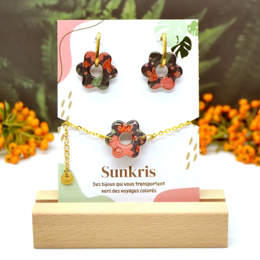 Resin and stainless steel flower set – Colorful handcrafted jewelry for women – Autumn collection