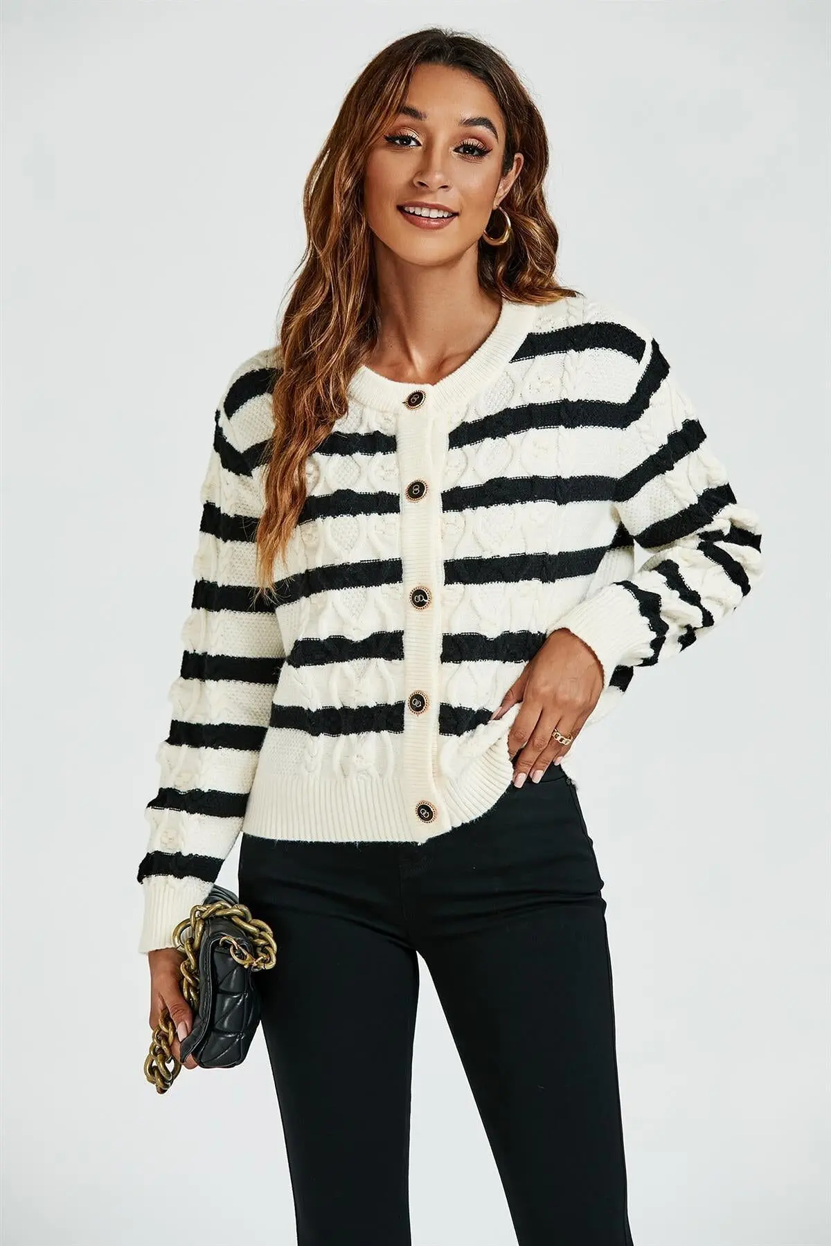 Black cardigan with striped pattern