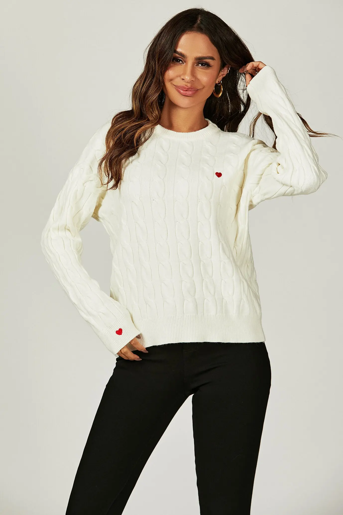Sweater top with heart embroidery in cream