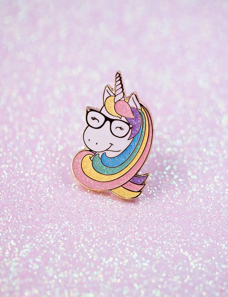 Glittery geek unicorn pins | rainbow unicorn with cute glasses | sparkly and shiny magical unicorn kawaii badge, gift for her for him