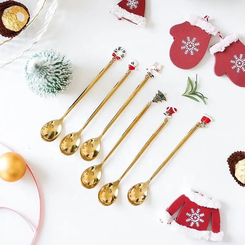 Lot de 6 cuillères de Noël avec décoration - Argenté ou doré