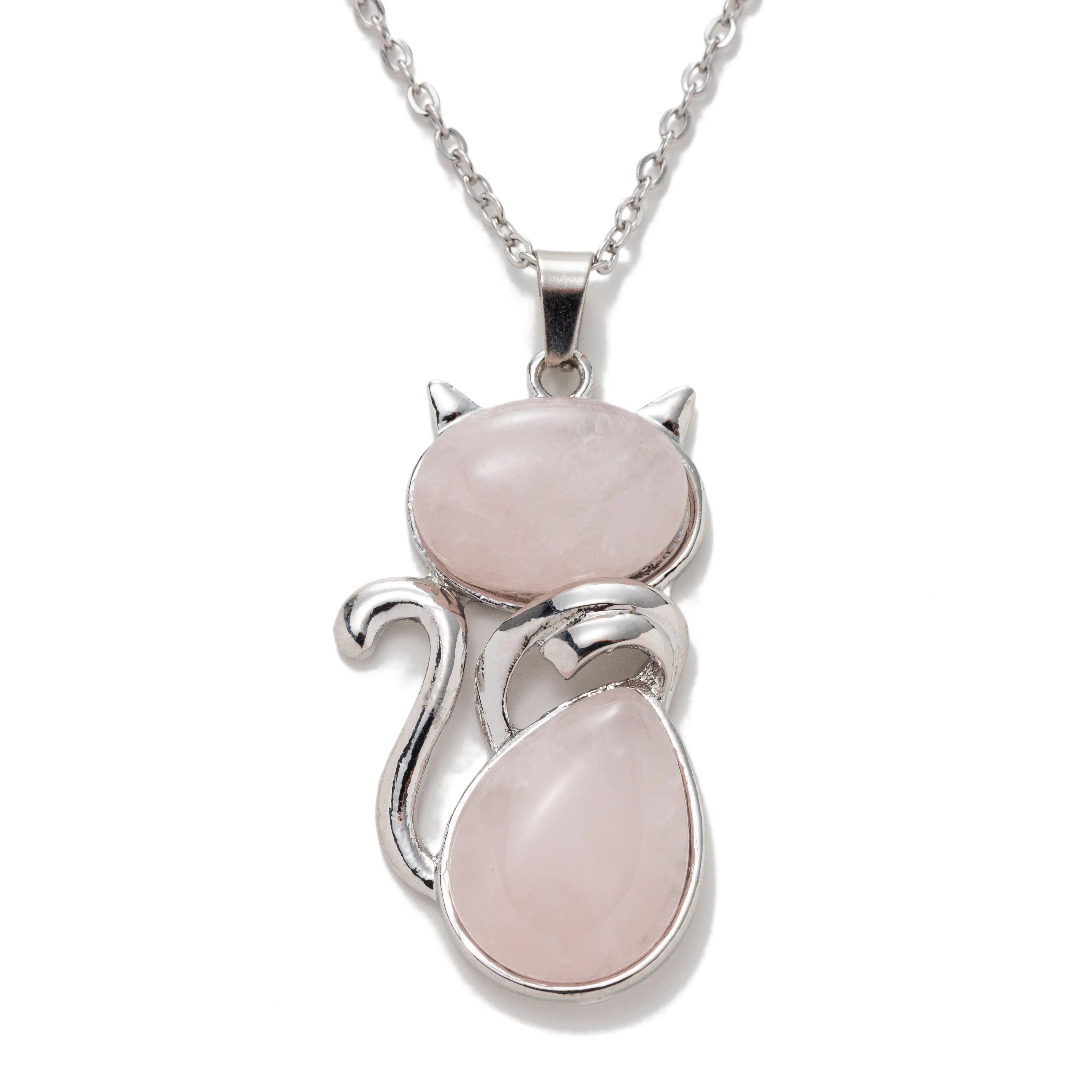 Katzenanhänger mit Kette -Edelstein Rosaquarz-Edelstahl