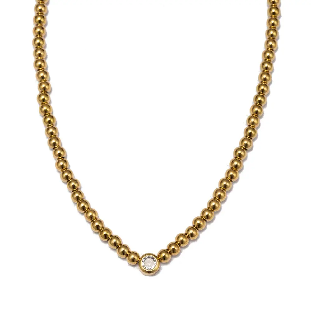 Kugelkette mit Schmuckstein - Edelstahl 14K vergoldet - synth. Zirkonia