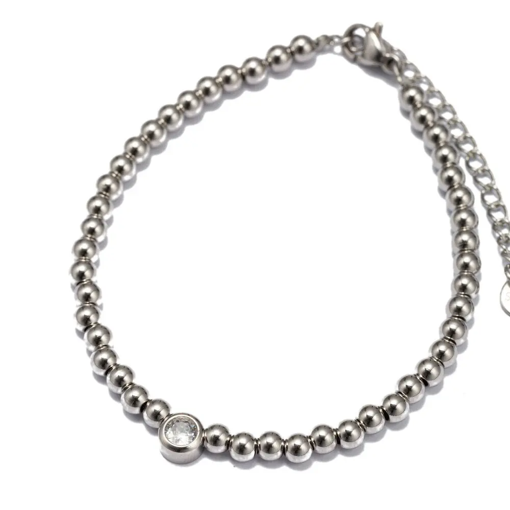 Kugelarmband mit Schmuckstein - Edelstahl versilbert - synth. Zirkonia