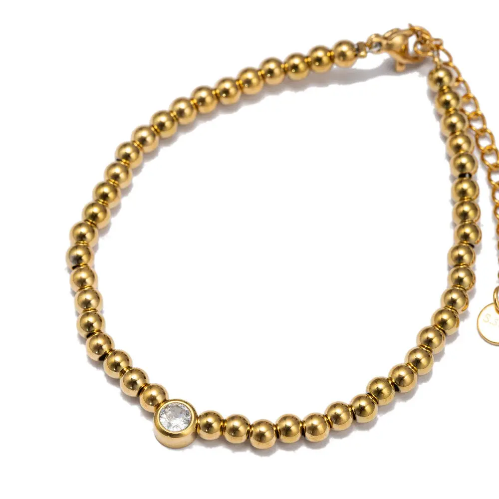 Kugelarmband mit Schmuckstein - Edelstahl 14K vergoldet - synth. Zirkonia