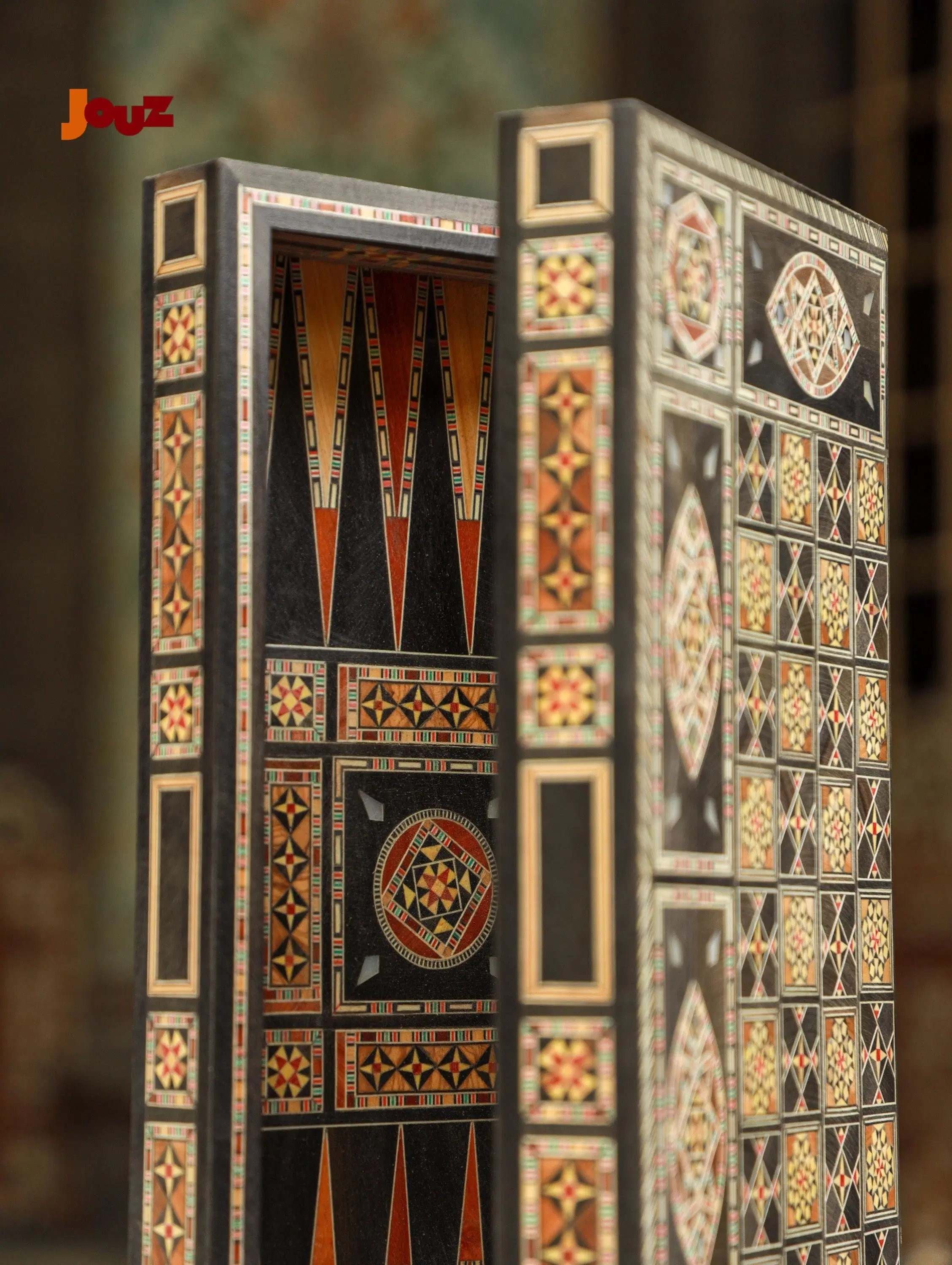 Handmade Syrian Mosaic Wooden Chess & Backgammon Set - Artisan Inlaid Game Board - Double-Sided Middle Eastern Decor - Unique Game Gift