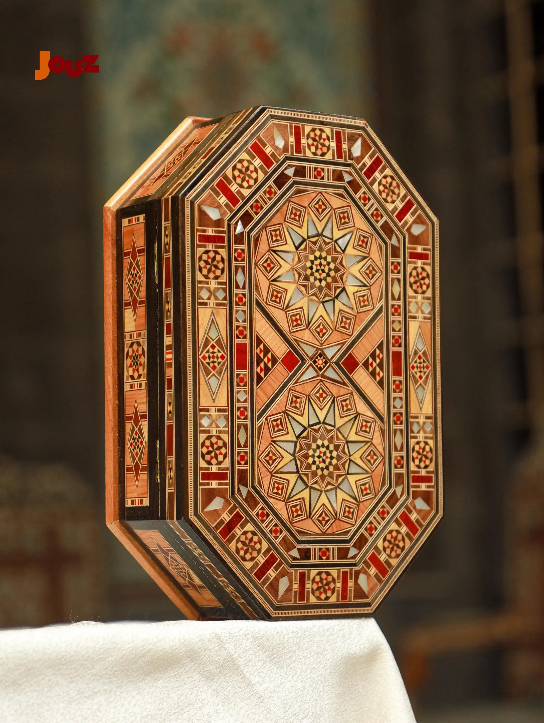 Handmade Wooden Mosaic Box - Syrian Marquetry Jewelry Box with Mother of Pearl Inlay, Unique Gift for Her, Boho Home Decor.
