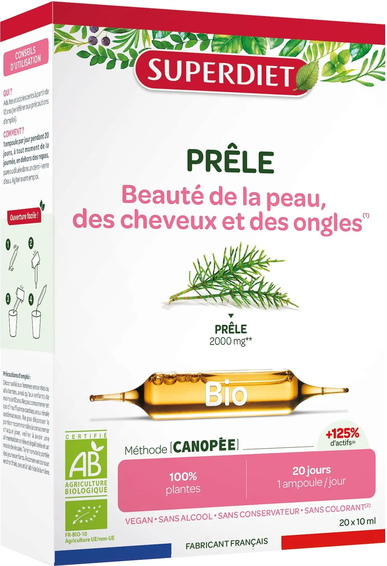SUPERDIET – ORGANIC PRELE – Skin beauty – Hair – Nails – Made in France – 20 ampoules of 10 ml