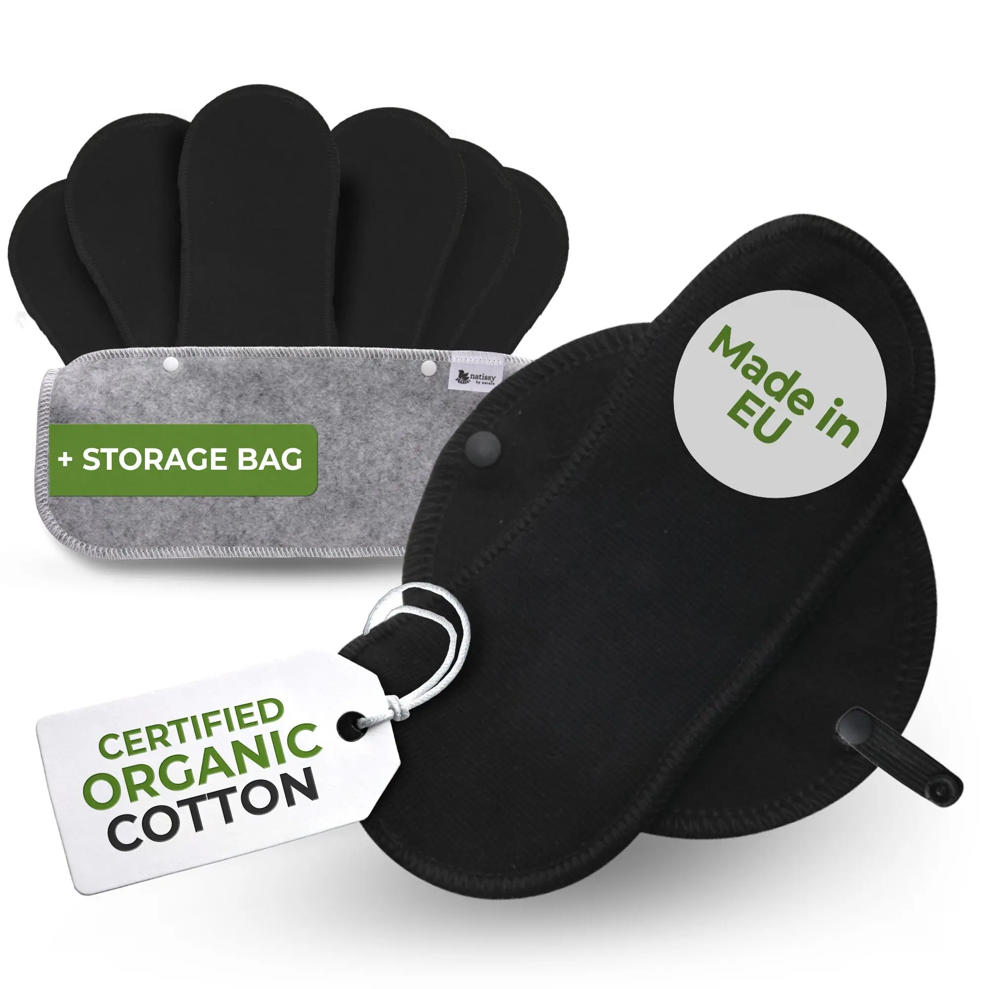 Wiederverwendbare Slipeinlagen aus Bio-Baumwolle mit Flügeln, 7er-Pack (normaler Ausfluss) – Solid Black (schwarze Flügel)